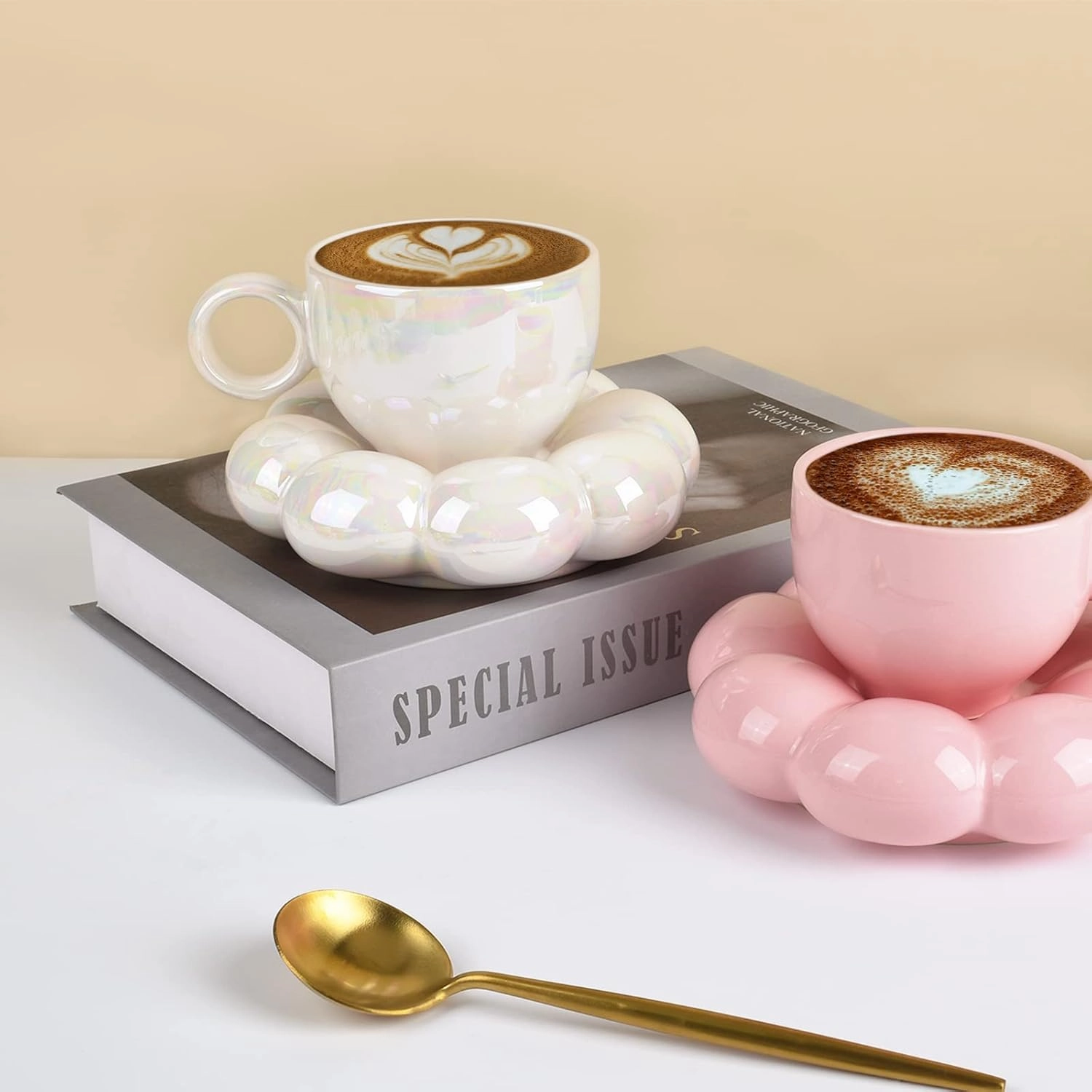 Koythin 4 Pieces Ceramic Sunflower Mug Saucer Set, Creative Cute Cup with Cloud Coaster, 6.5 oz/200 ml Aesthetic Mugs for Tea Latte Milk (4 Pearl White)