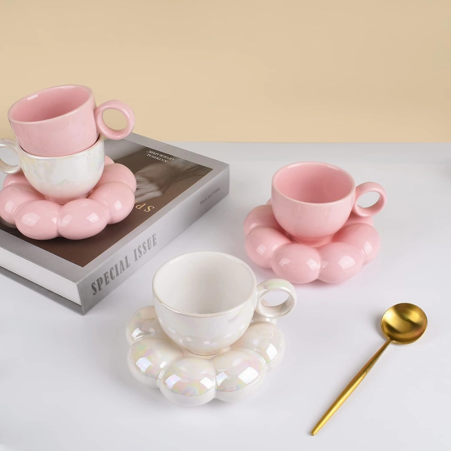 Koythin 4 Pieces Ceramic Sunflower Mug Saucer Set, Creative Cute Cup with Cloud Coaster, 6.5 oz/200 ml Aesthetic Mugs for Tea Latte Milk (4 Pearl White)