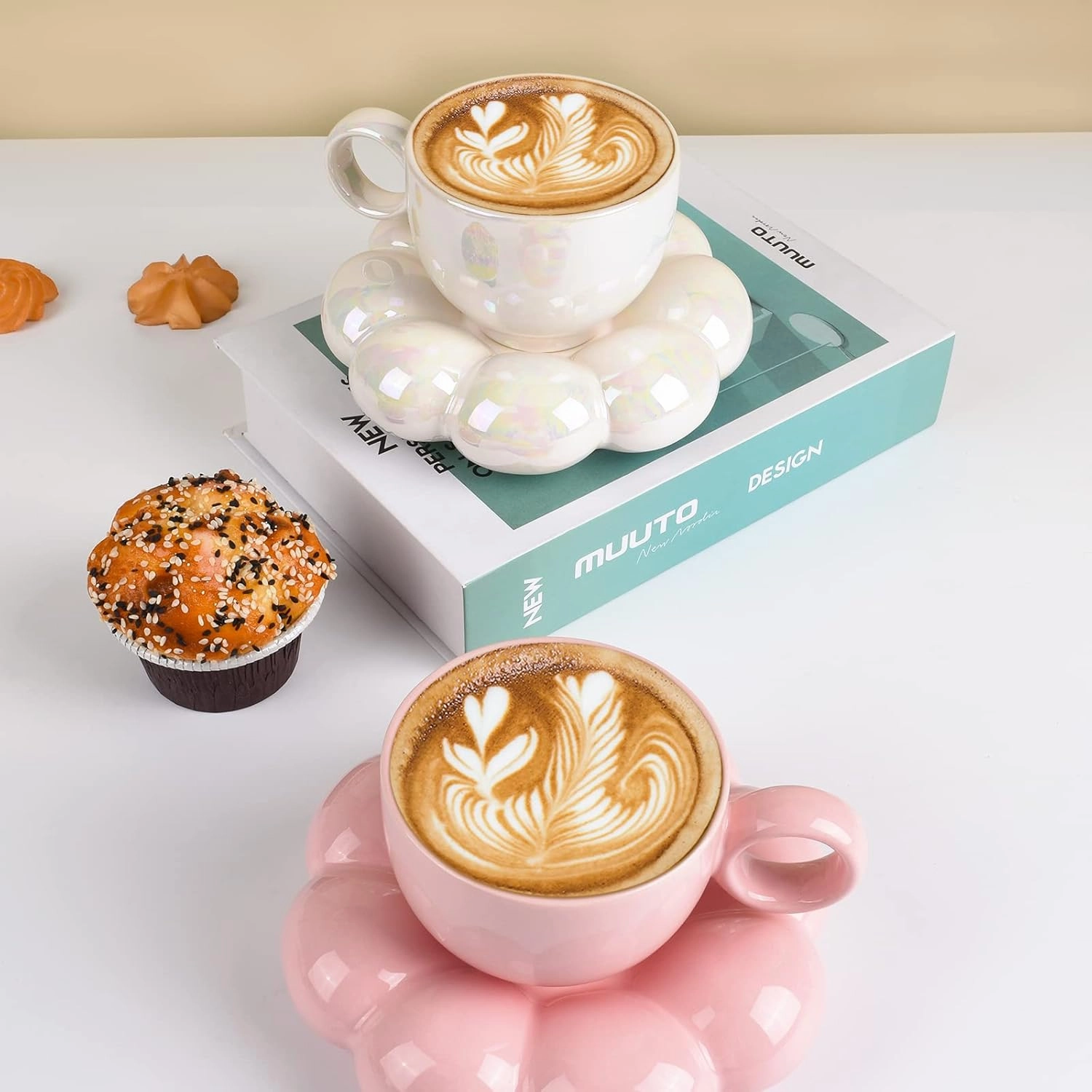 Koythin 4 Pieces Ceramic Sunflower Mug Saucer Set, Creative Cute Cup with Cloud Coaster, 6.5 oz/200 ml Aesthetic Mugs for Tea Latte Milk (4 Pearl White)