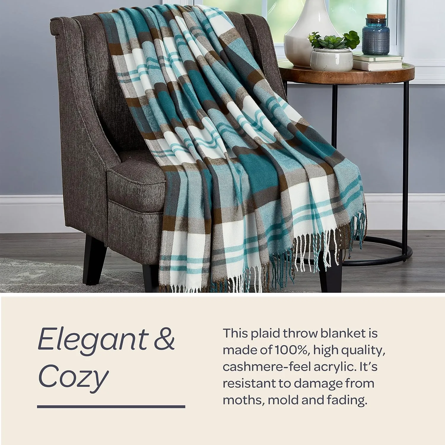Lavish Home Bristol Plaid Soft Blanket-Oversized, Luxuriously Fluffy, Vintage-Look and Cashmere-Like Woven Acrylic-Breathable and Stylish Throws