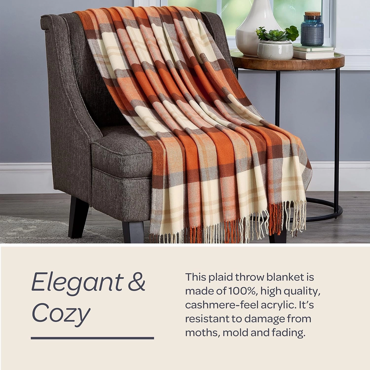 Lavish Home Collection Faux Cashmere Acrylic Oversized Throw Blanket - Luxuriously Fluffy, Soft Cashmere-Like Woven Acrylic, Breathable with Stylish Vintage Design - Spice Plaid