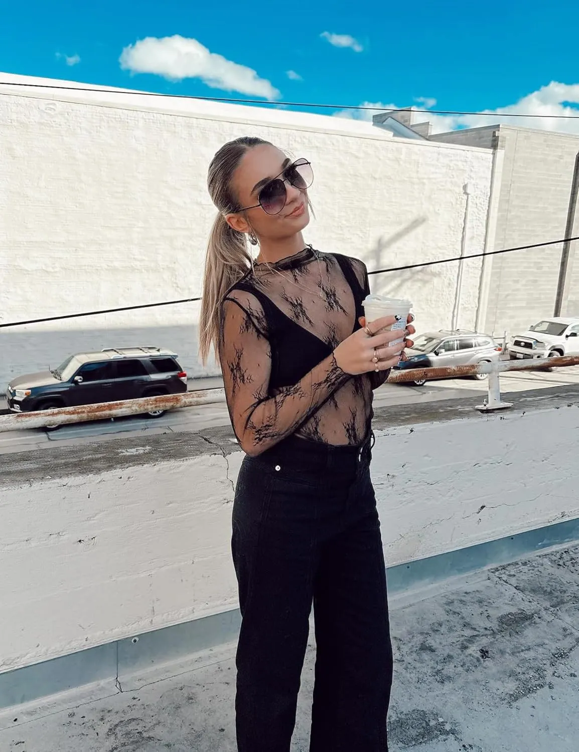 Lingswallow Lace Long Sleeve Tops for Women Floral Mesh Sexy Sheer See Through Top Boat Neck Blouse Shirt Layering Tops