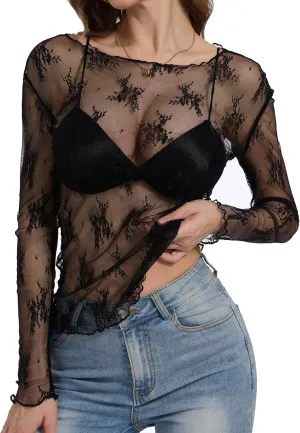 Lingswallow Lace Long Sleeve Tops for Women Floral Mesh Sexy Sheer See Through Top Boat Neck Blouse Shirt Layering Tops