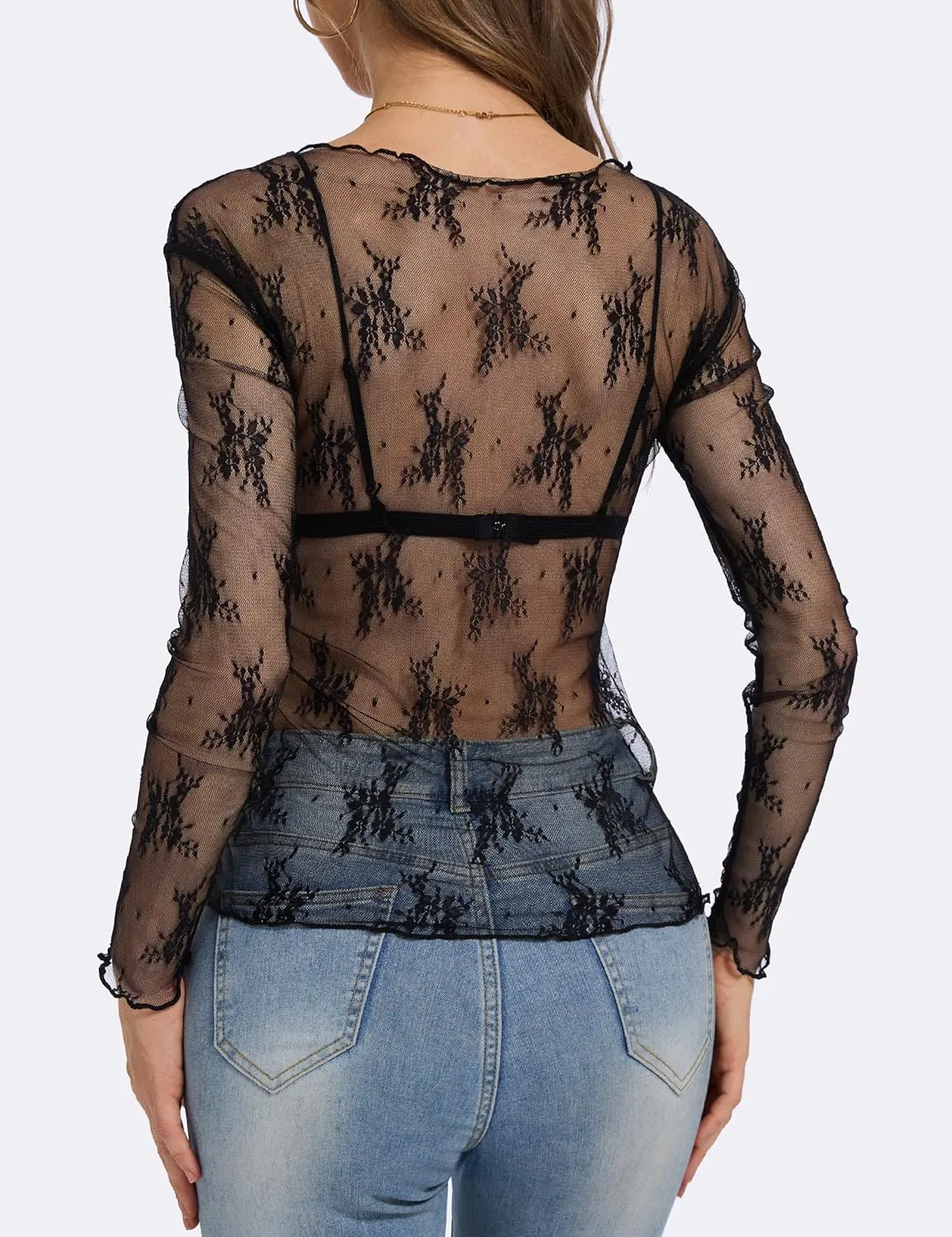 Lingswallow Lace Long Sleeve Tops for Women Floral Mesh Sexy Sheer See Through Top Boat Neck Blouse Shirt Layering Tops