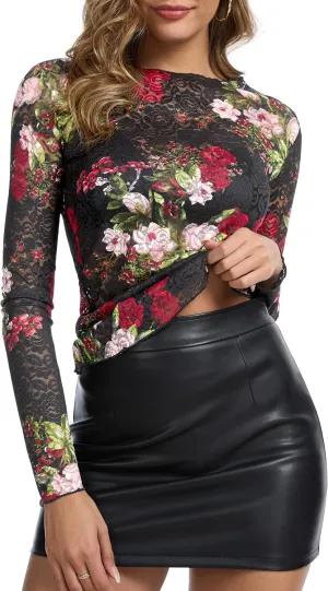 Lingswallow Lace Long Sleeve Tops for Women Floral Mesh Sexy Sheer See Through Top Boat Neck Blouse Shirt Layering Tops