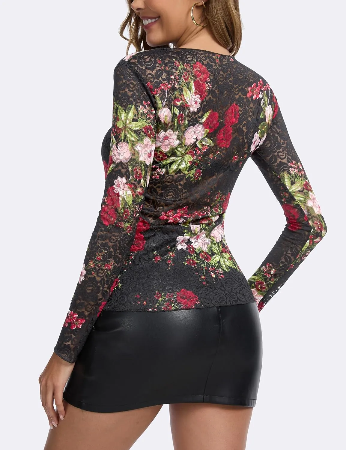 Lingswallow Lace Long Sleeve Tops for Women Floral Mesh Sexy Sheer See Through Top Boat Neck Blouse Shirt Layering Tops