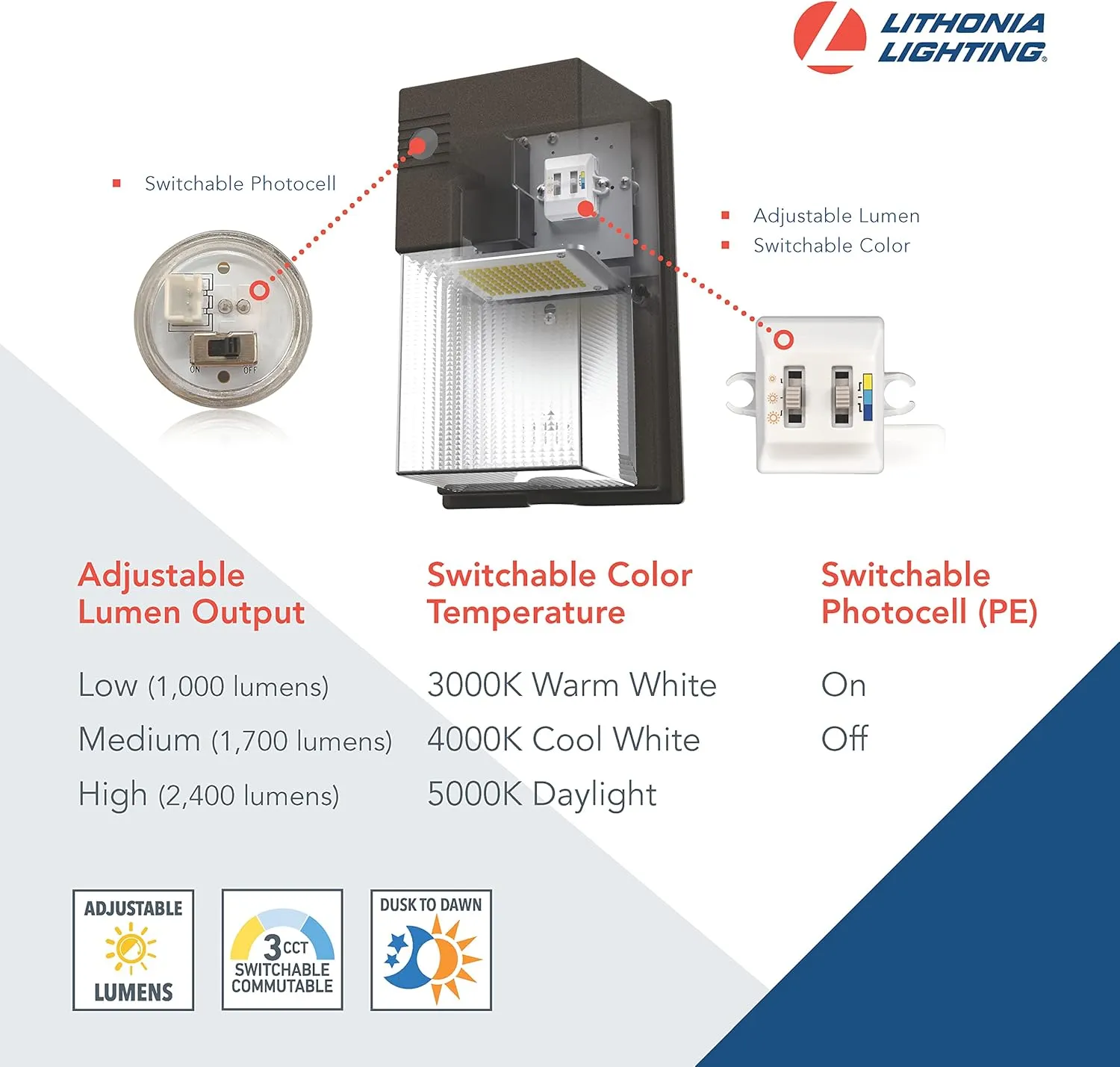 Lithonia Lighting 7" Mini LED Wall Pack Outdoor Light Fixture, 3-Way Selectable CCT 3000K/4000K/5000K, Adjustable Lumens, Dusk to Dawn Photocell, MVOLT, Bronze (TWS LED ALO SWW2 MVOLT PE DDB M2)