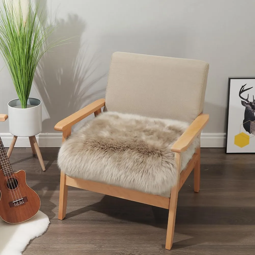 LLB Sheepskin Chair Covers - Office, Dining Room & Desk Chair Seat Cushion - Cream Brown, 18x18 Inch (Pack of 1)