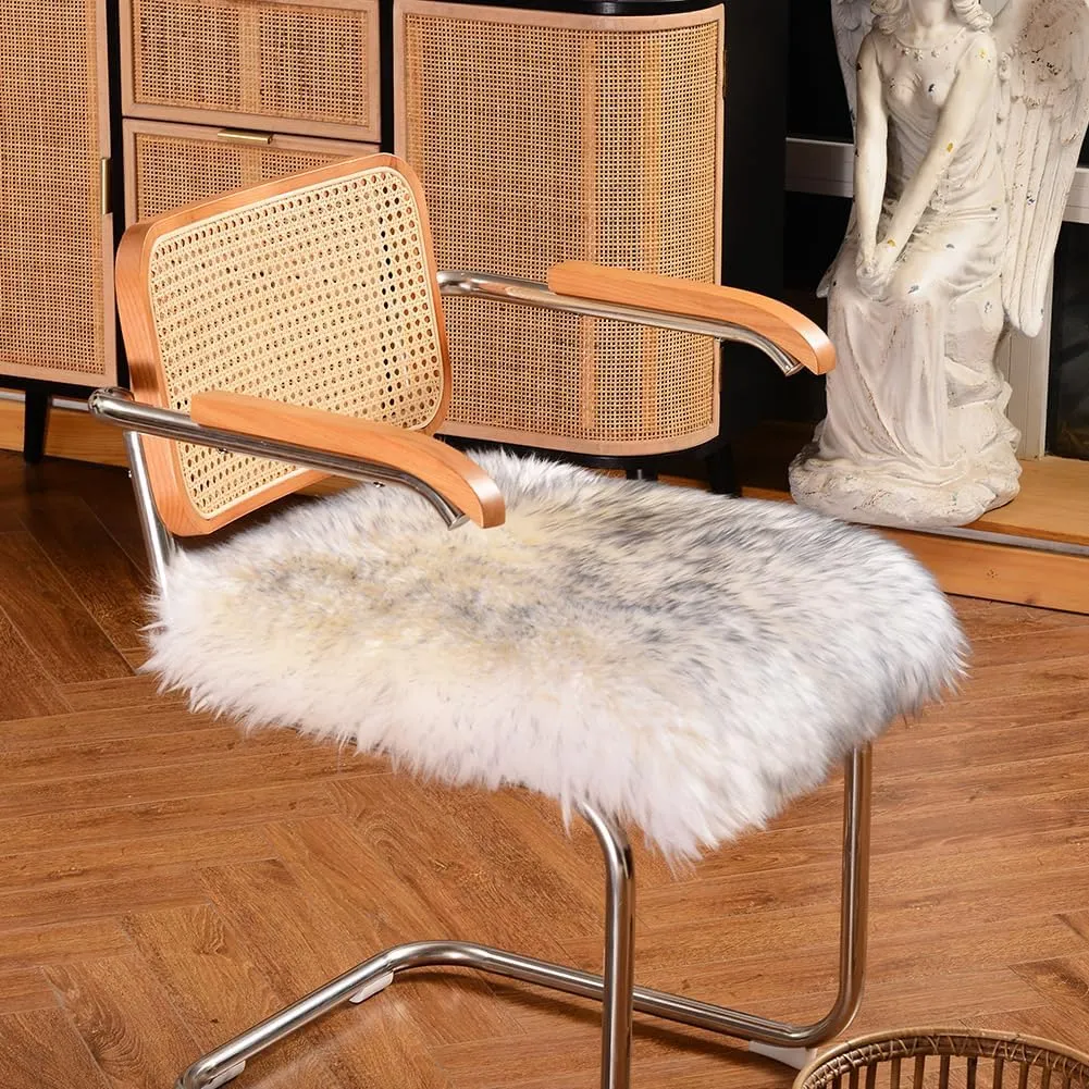 LLB Sheepskin Chair Cushion Non-Slip Back Square Genuine Fur Chair Cover Silky Natural Wool Seat Cushion Pad Soft Area Rugs Carpet for Home Office Restaurant Chair 18x18 Inch (Pack of 1), Grey Tip