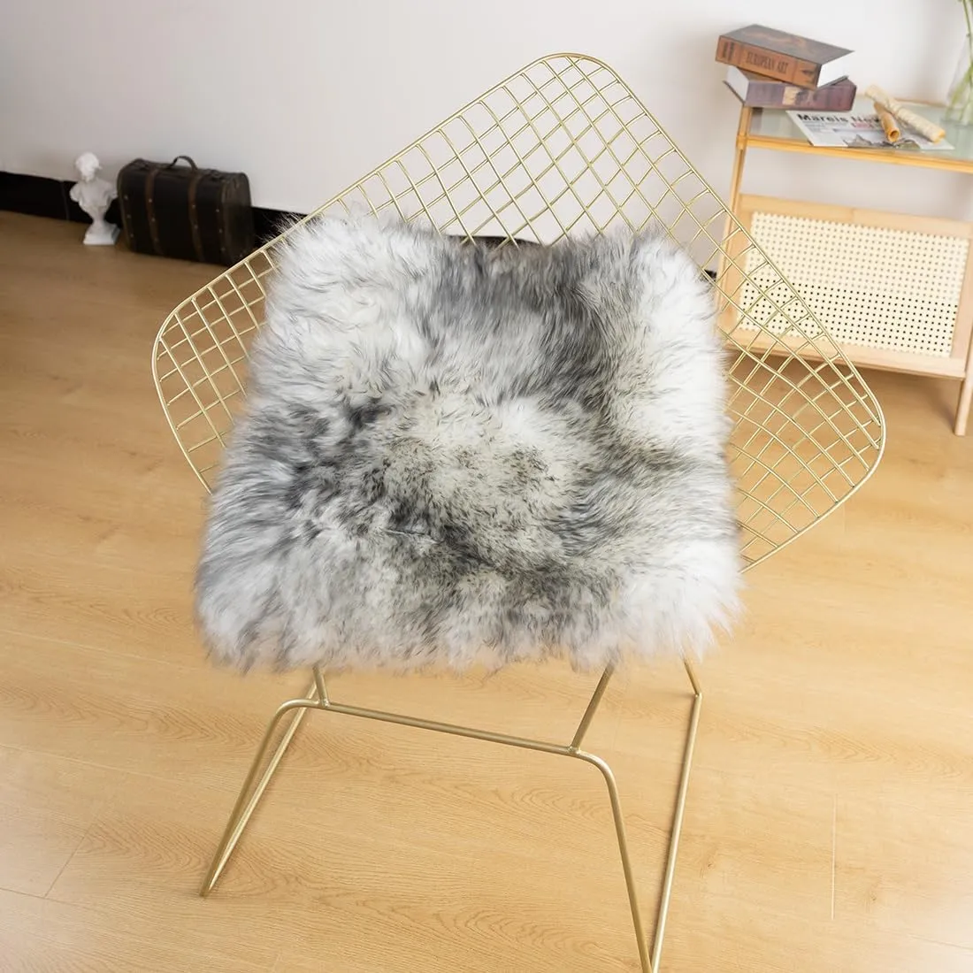 LLB Sheepskin Chair Cushion Non-Slip Back Square Genuine Fur Chair Cover Silky Natural Wool Seat Cushion Pad Soft Area Rugs Carpet for Home Office Restaurant Chair 18x18 Inch (Pack of 1), Grey Tip