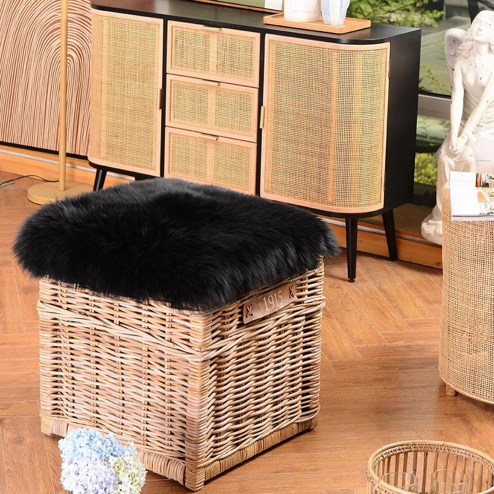 LLB Sheepskin Chair Cushion Non-Slip Back Square Genuine Fur Chair Cover Silky Natural Wool Seat Cushion Pad Soft Area Rugs Carpet for Home Office Restaurant Chair 18x18 Inch (Pack of 1), Black