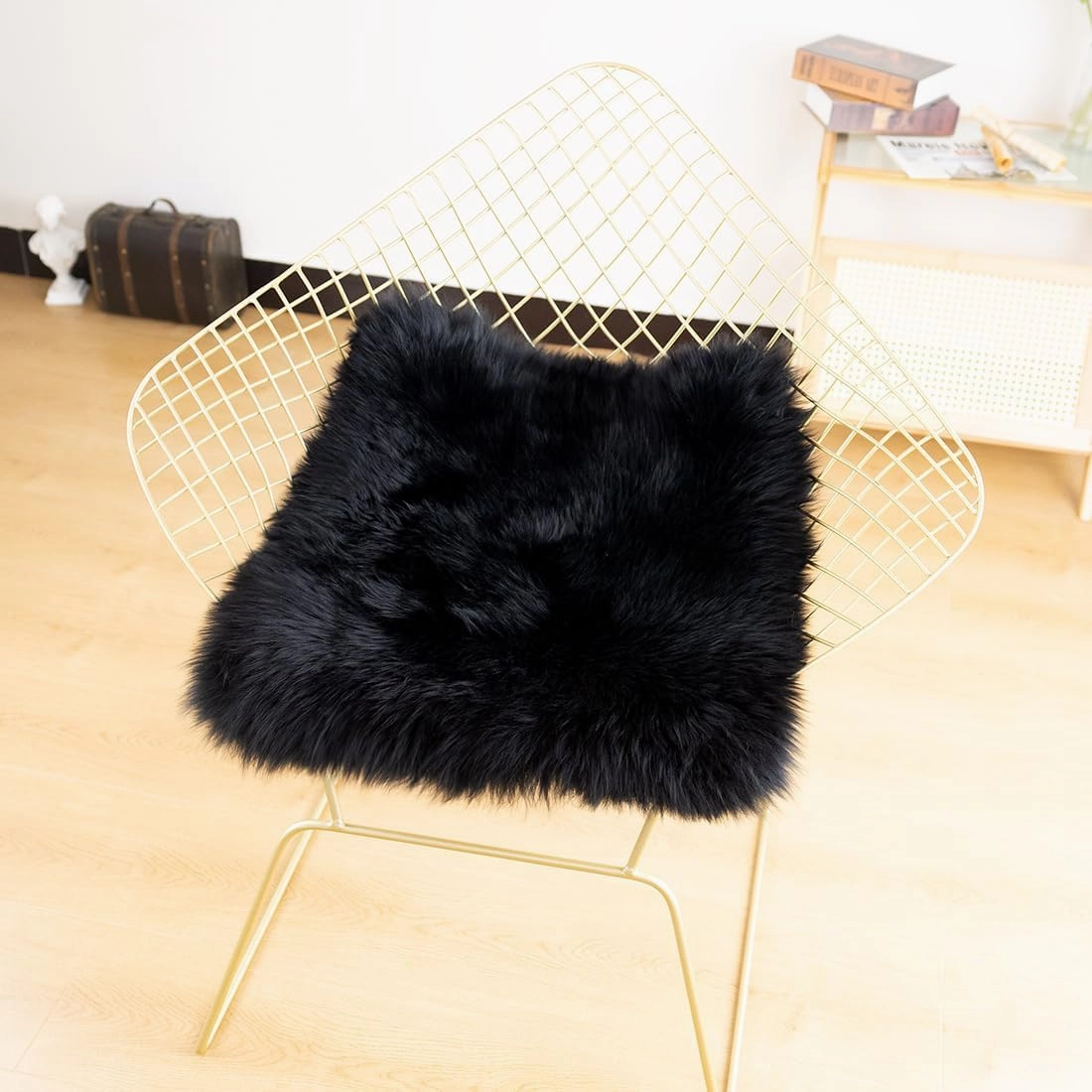 LLB Sheepskin Chair Cushion Non-Slip Back Square Genuine Fur Chair Cover Silky Natural Wool Seat Cushion Pad Soft Area Rugs Carpet for Home Office Restaurant Chair 18x18 Inch (Pack of 1), Black