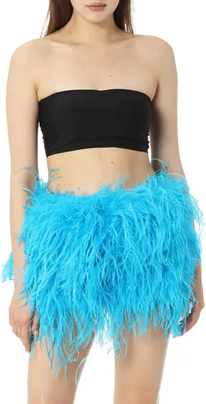 LVCOMEFF Women Ostrich Feather Mini Skirt Hot Elastic Waist Furry Booty Party Club Luxury