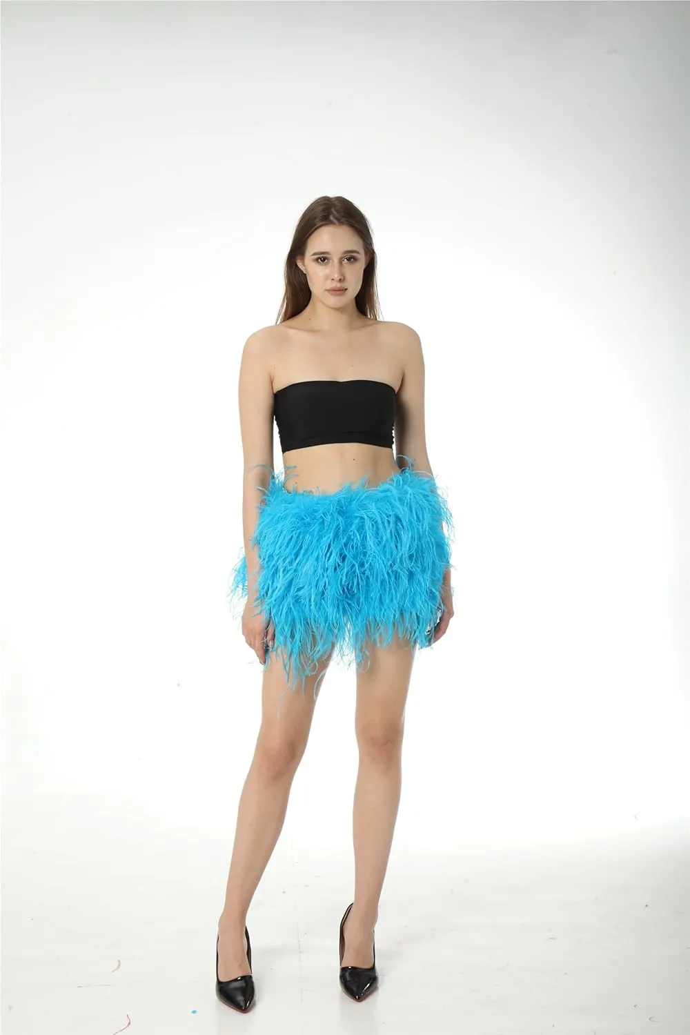 LVCOMEFF Women Ostrich Feather Mini Skirt Hot Elastic Waist Furry Booty Party Club Luxury