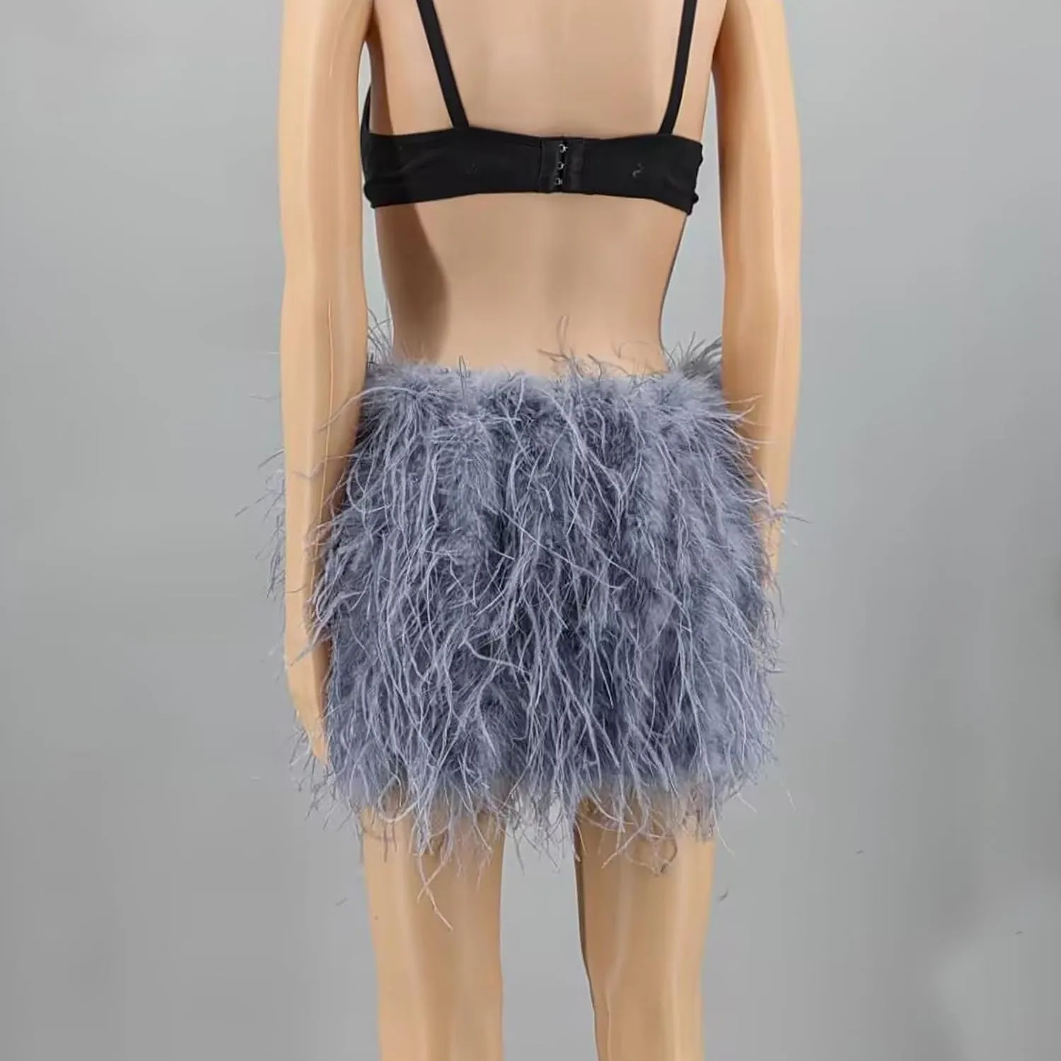 LVCOMEFF Women Ostrich Feather Mini Skirt Hot Elastic Waist Furry Booty Party Club Luxury