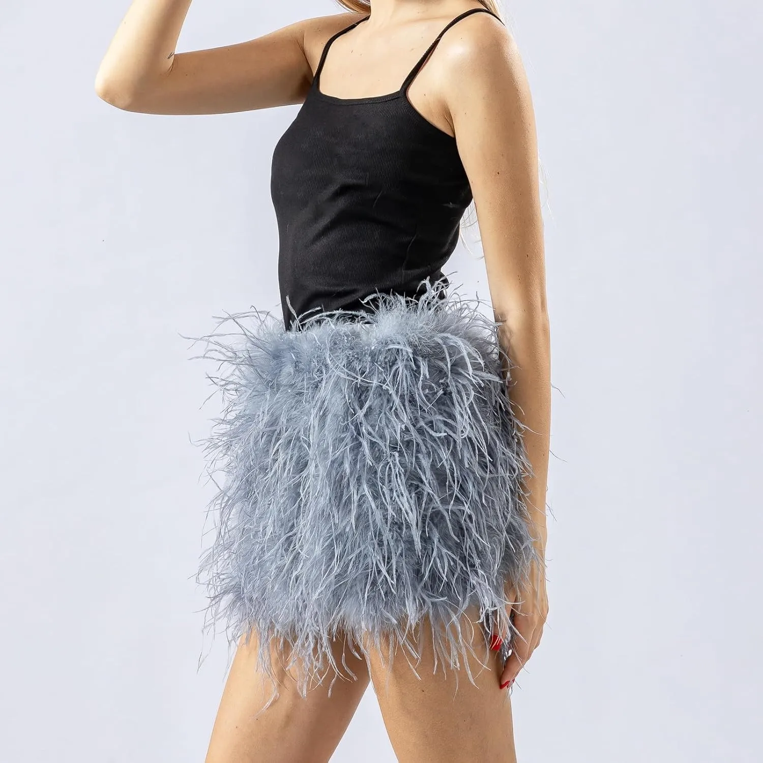LVCOMEFF Women Ostrich Feather Mini Skirt Hot Elastic Waist Furry Booty Party Club Luxury
