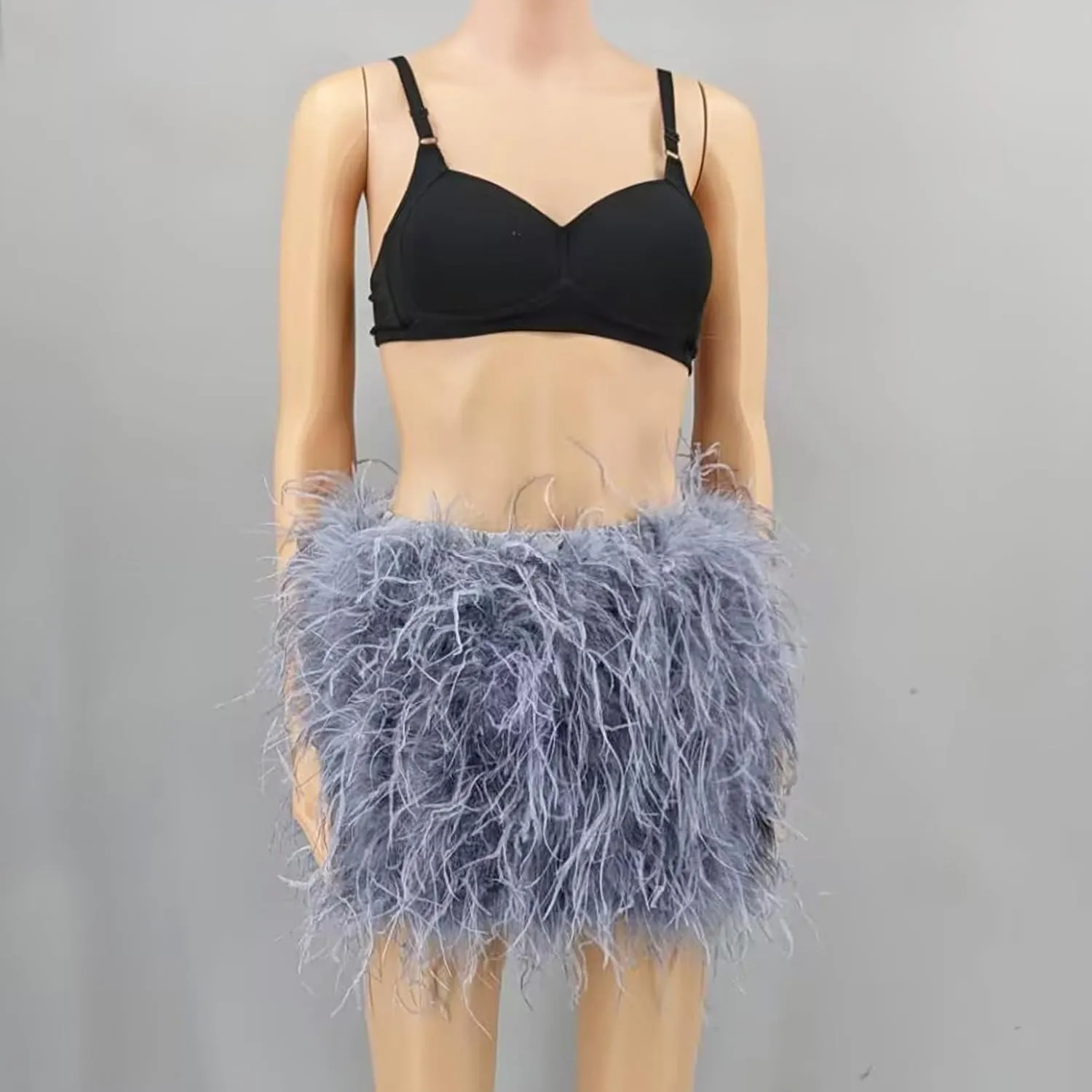 LVCOMEFF Women Ostrich Feather Mini Skirt Hot Elastic Waist Furry Booty Party Club Luxury