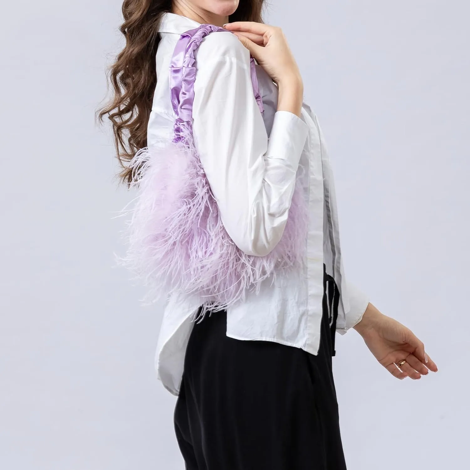 LVCOMEFF Women Ostrich Feather Purse Handbag Holiday Y2K Hobos Shoulder Bag with Pleated Strap for Party Prom