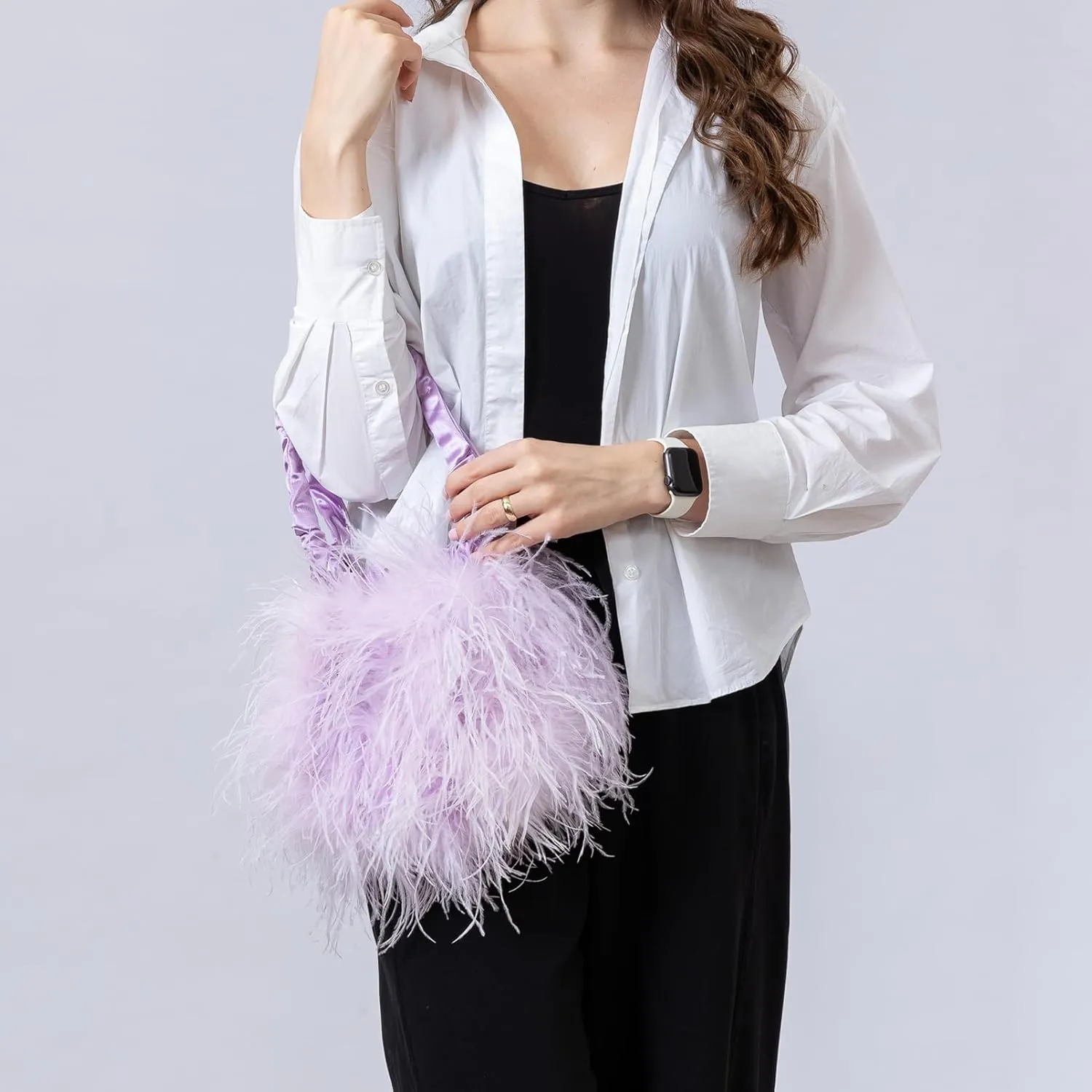 LVCOMEFF Women Ostrich Feather Purse Handbag Holiday Y2K Hobos Shoulder Bag with Pleated Strap for Party Prom