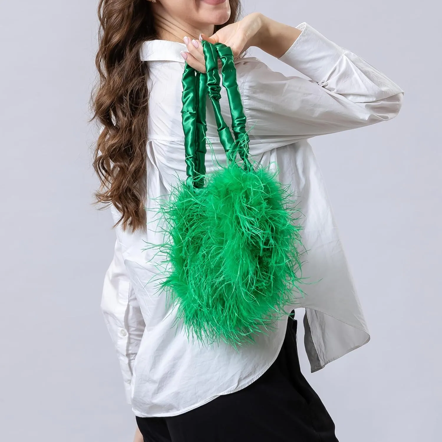 LVCOMEFF Women Ostrich Feather Purse Handbag Holiday Y2K Hobos Shoulder Bag with Pleated Strap for Party Prom