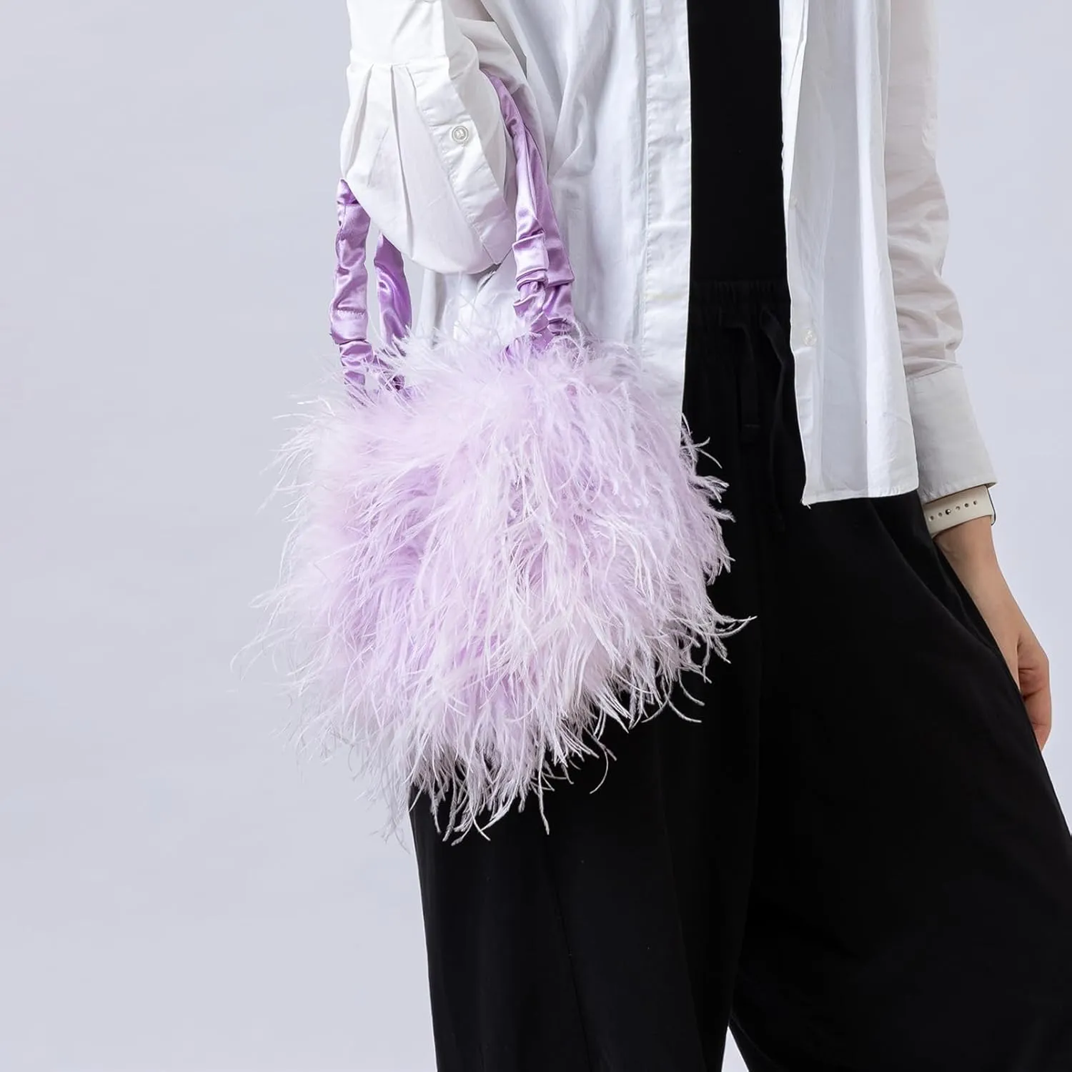 LVCOMEFF Women Ostrich Feather Purse Handbag Holiday Y2K Hobos Shoulder Bag with Pleated Strap for Party Prom