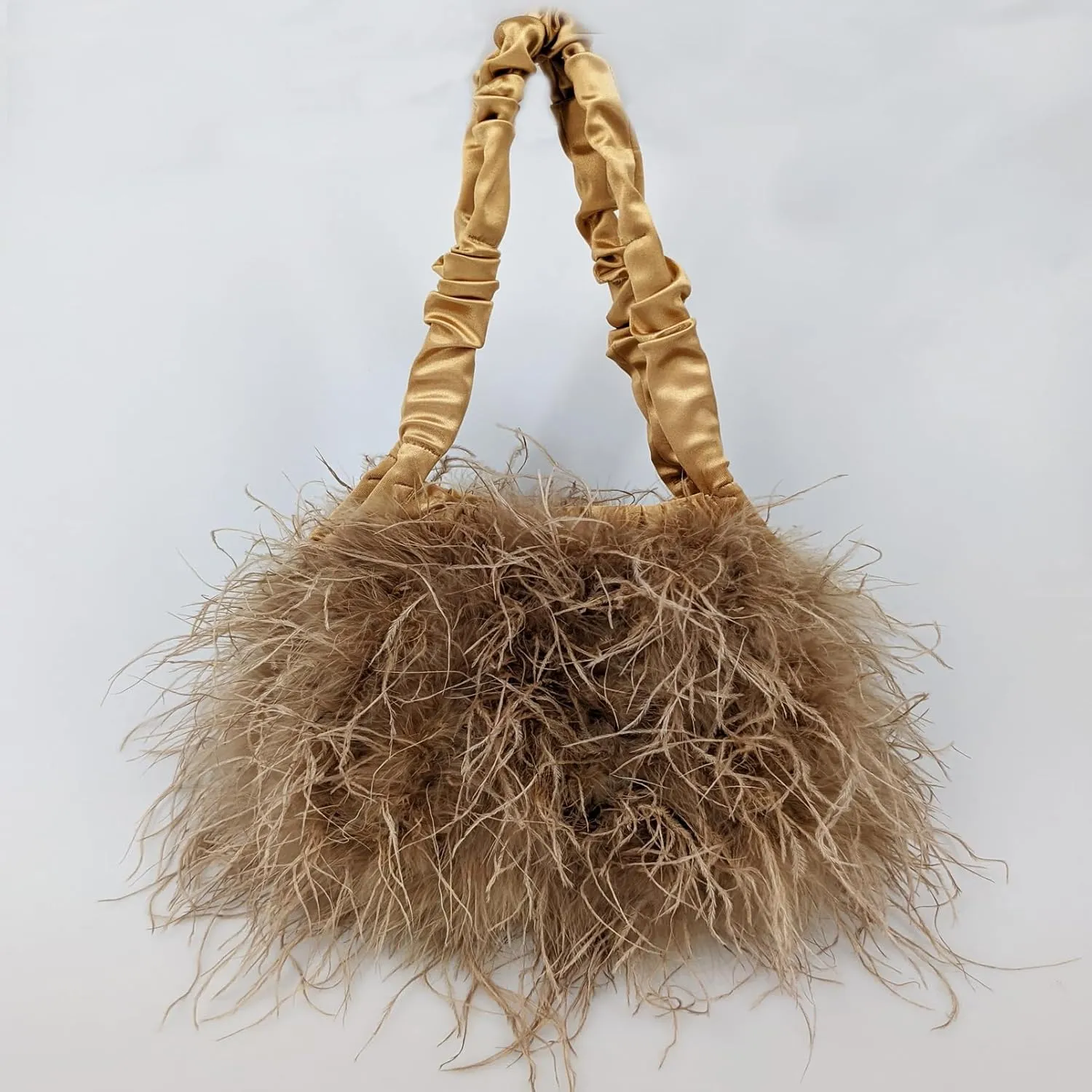 LVCOMEFF Women Ostrich Feather Purse Handbag Holiday Y2K Hobos Shoulder Bag with Pleated Strap for Party Prom