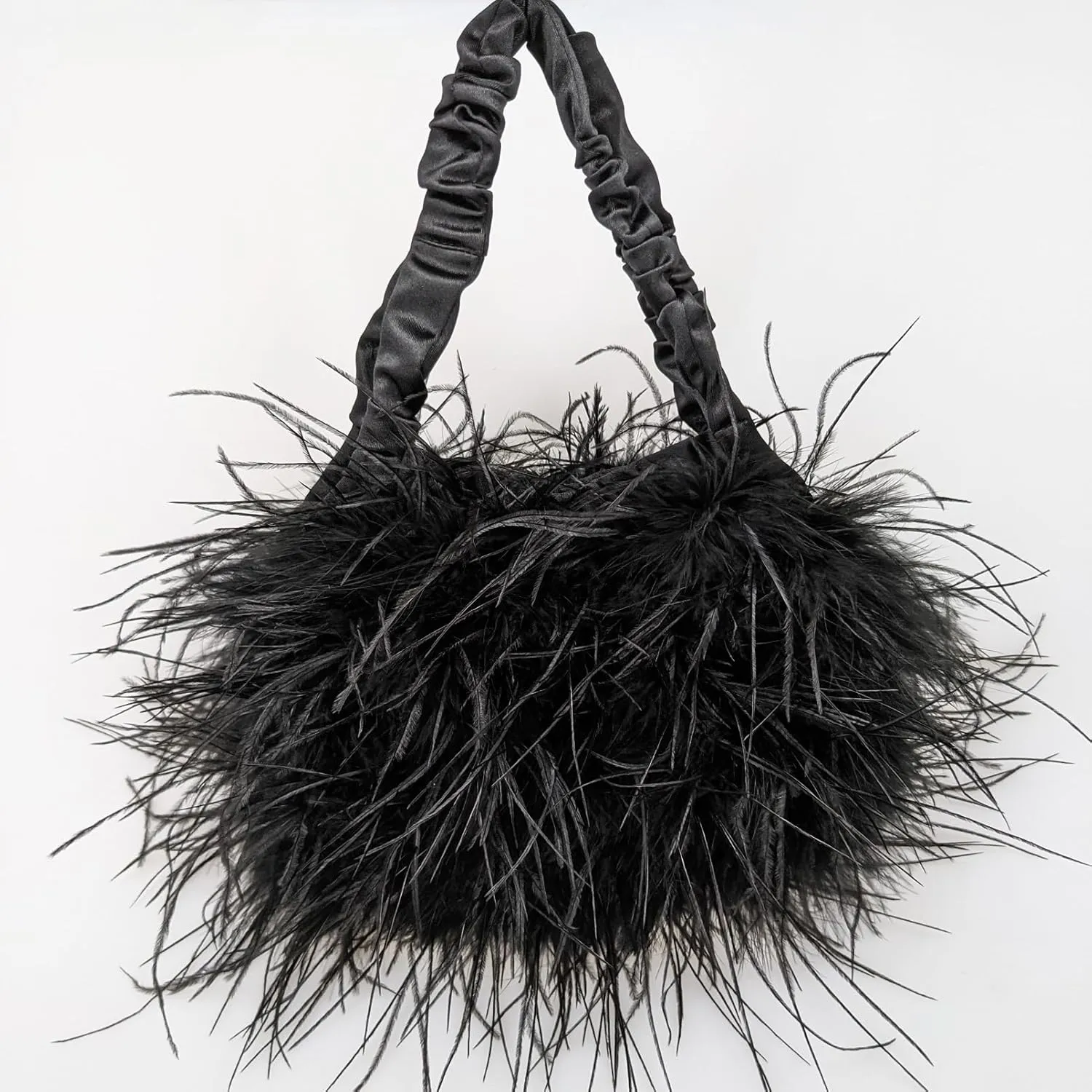 LVCOMEFF Women Ostrich Feather Purse Handbag Holiday Y2K Hobos Shoulder Bag with Pleated Strap for Party Prom