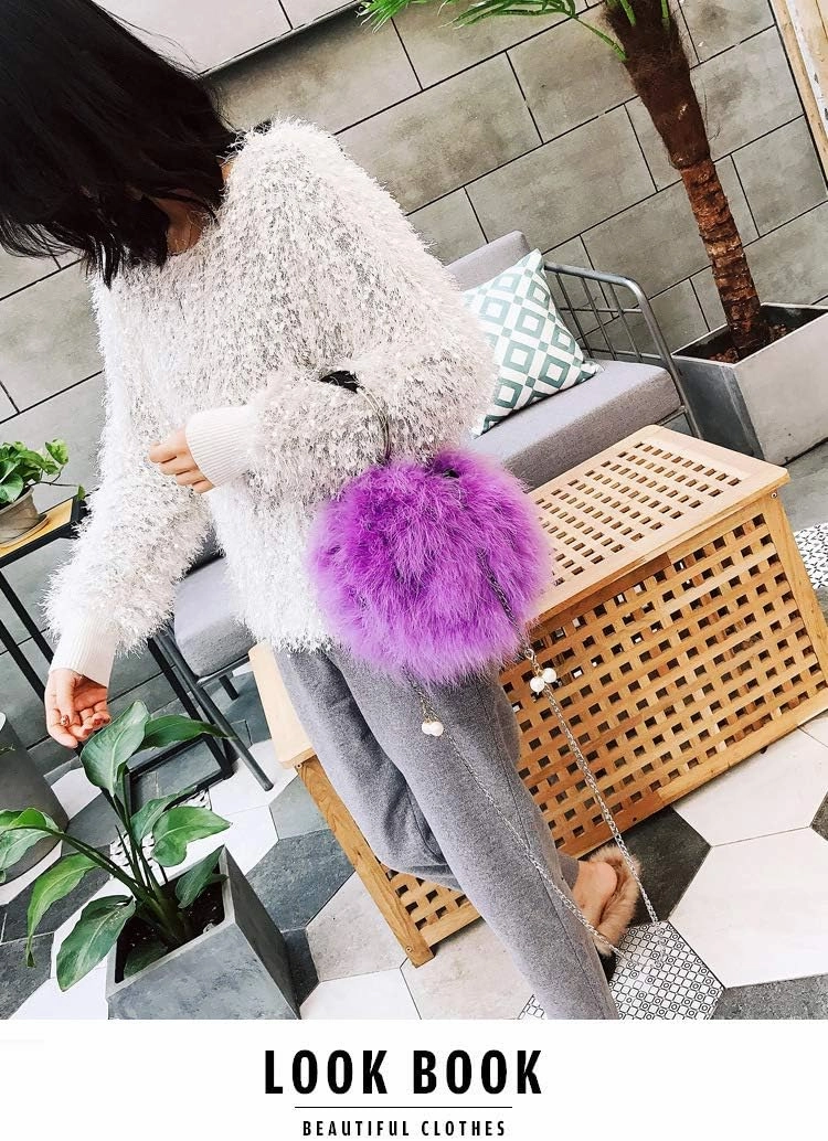LVCOMEFF Women Furry Mini Handbag Wallet Round Purse Real Ostrich Feather Fluffy Plush Luxurious