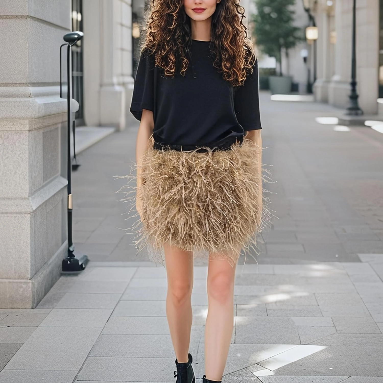 LVCOMEFF Women Ostrich Feather Mini Skirt Hot Elastic Waist Furry Booty Party Club Luxury