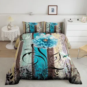 Manfei Blue Flower Comforter Set Queen Size, Boho Dragonfly Quilt Set with 2 Pillowcases, Vintage Wooden Board Bedding Set 3pcs for Kids Boys Girls Room Decor Botanical Floral Duvet Insert