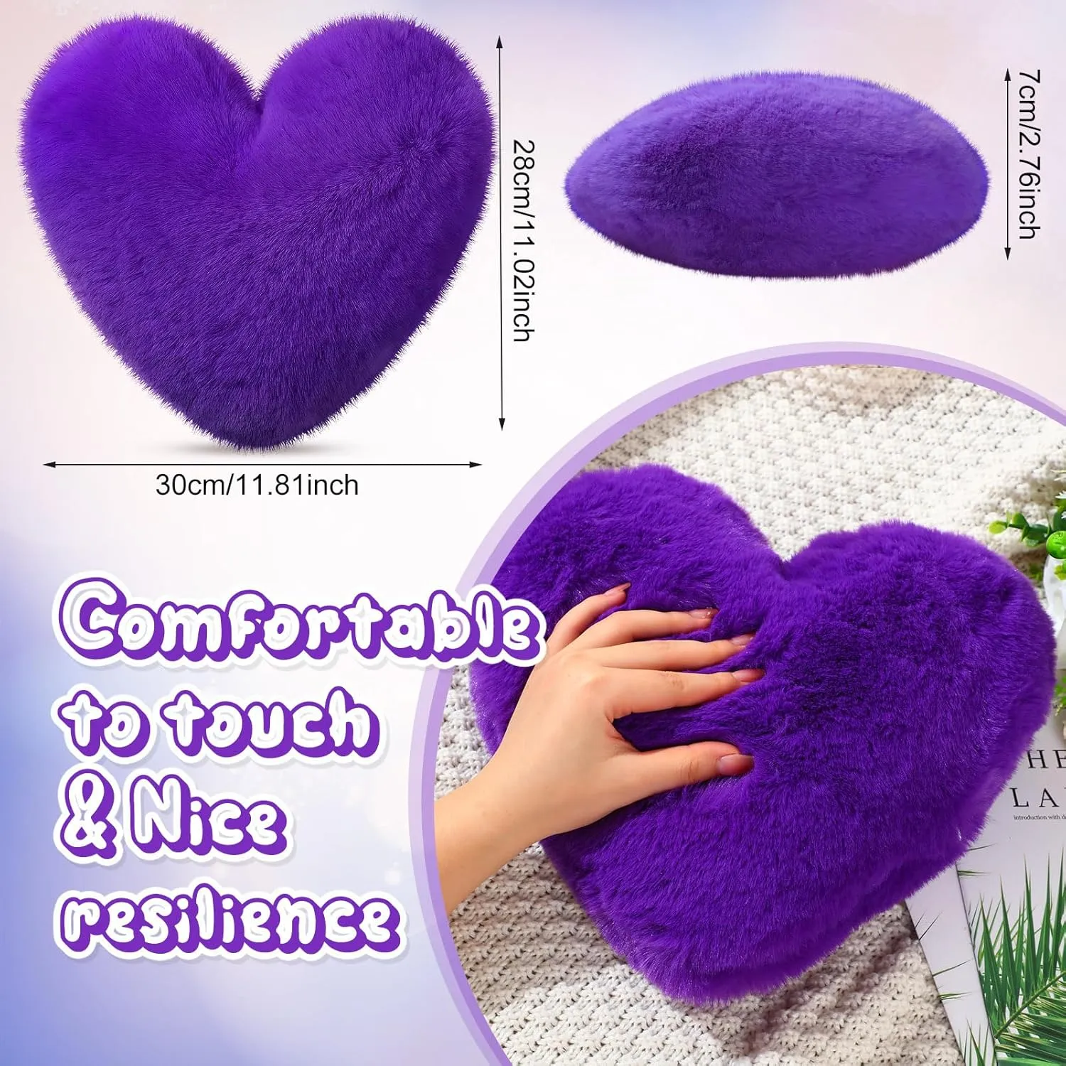Marsui 2 Pcs Fluffy Heart Shaped Pillow Plush Cute Heart Shaped Throw Cushion Stuffed Decorative Gift Throw Pillow for Couch Bed Sofa Decoration Women(Royal Purple,11.81 x 11.02 Inch)