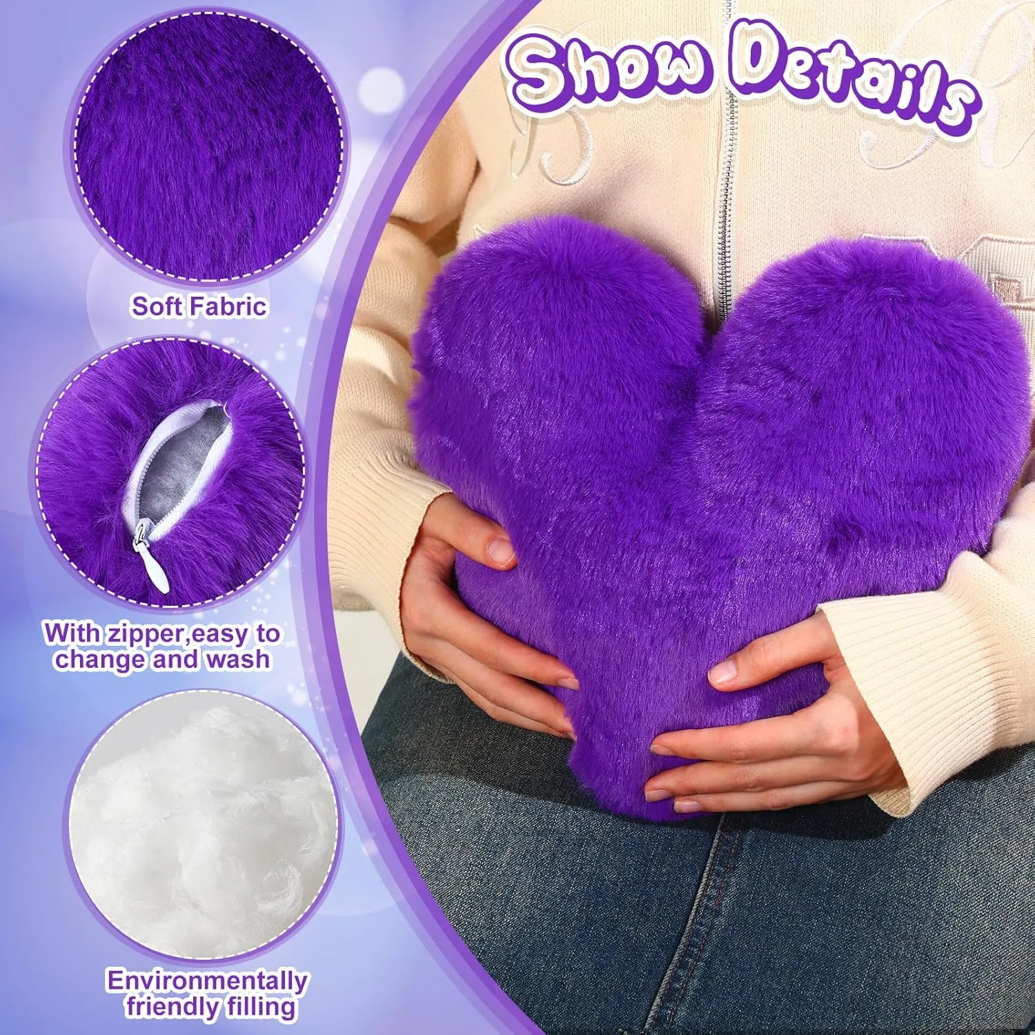 Marsui 2 Pcs Fluffy Heart Shaped Pillow Plush Cute Heart Shaped Throw Cushion Stuffed Decorative Gift Throw Pillow for Couch Bed Sofa Decoration Women(Royal Purple,11.81 x 11.02 Inch)