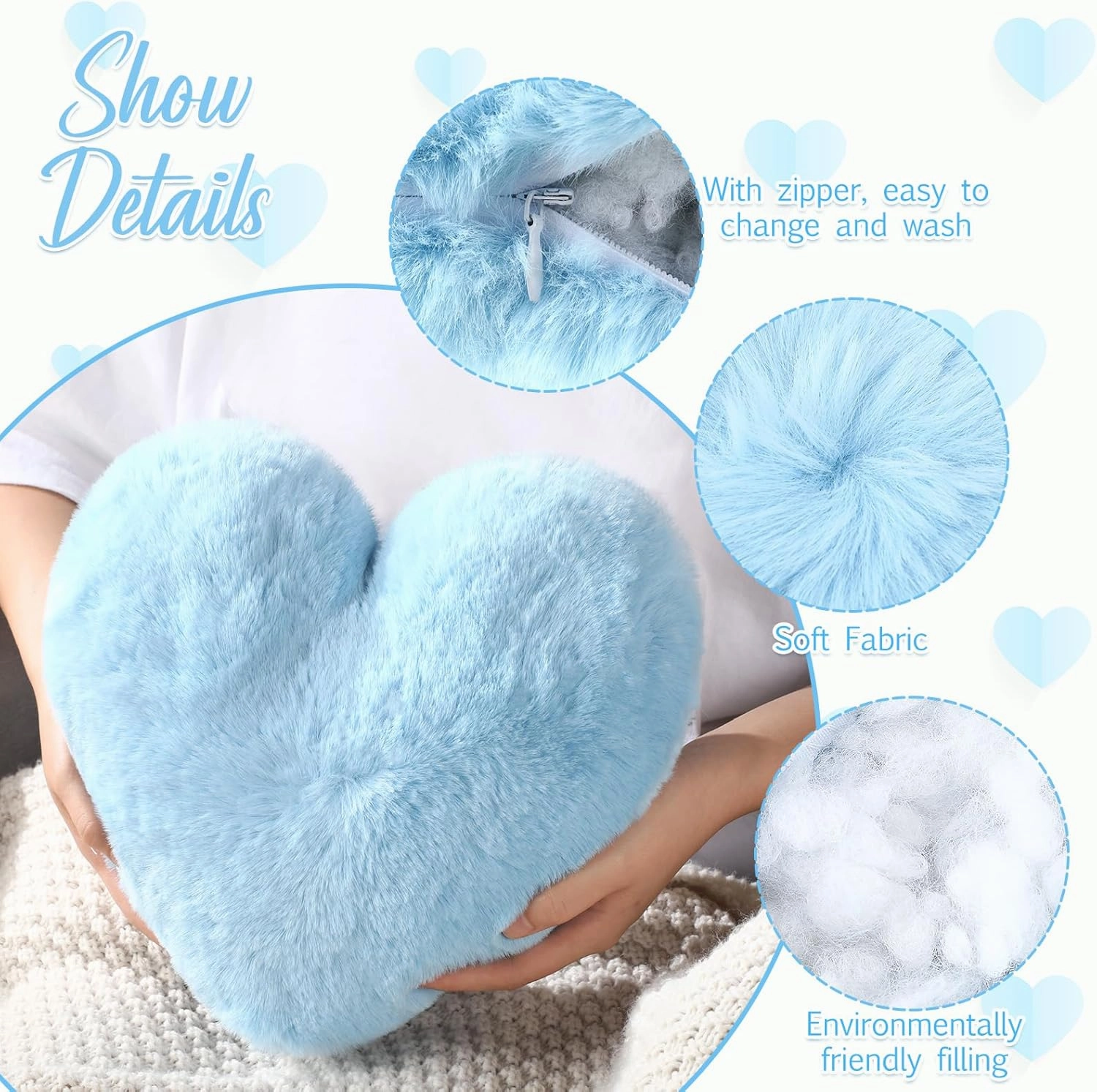 Marsui 2 Pcs Fluffy Heart Shaped Pillow Plush Cute Heart Shaped Throw Cushion Stuffed Decorative Gift Throw Pillow for Couch Bed Sofa Decoration Women(Baby Blue,11.81 x 11.02 Inch)