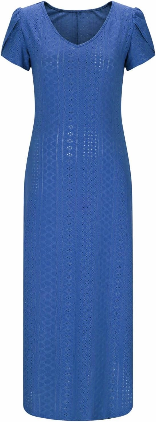 Maxi Dresses for Women 2025 Eyelet Casual Short Sleeve V-Neck Sundress Flowy Empire Waist Fashion Summer Dress