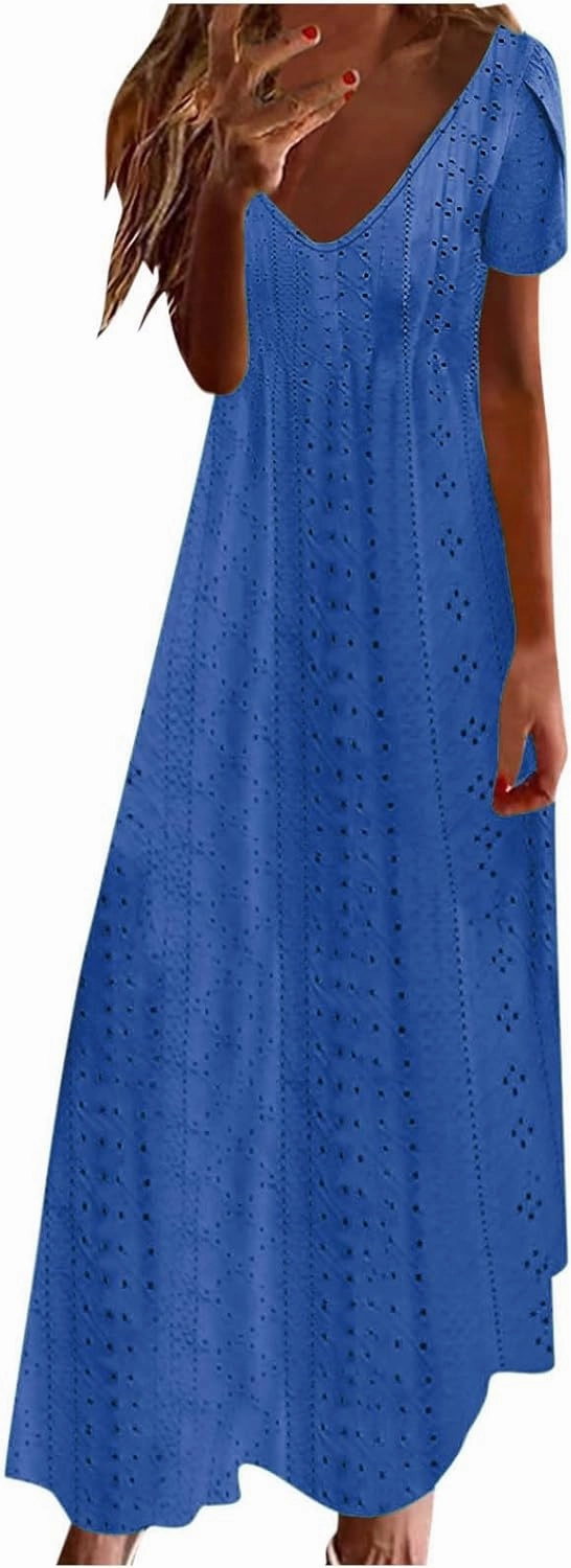 Maxi Dresses for Women 2025 Eyelet Casual Short Sleeve V-Neck Sundress Flowy Empire Waist Fashion Summer Dress
