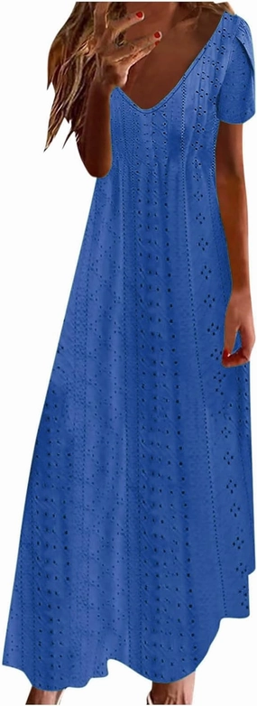 Maxi Dresses for Women 2025 Eyelet Casual Short Sleeve V-Neck Sundress Flowy Empire Waist Fashion Summer Dress