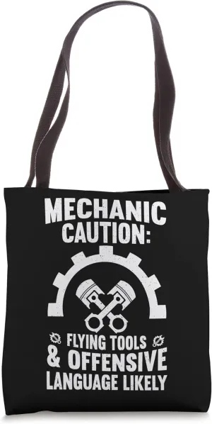 Mechanic Caution Racecar Turbo Wheel Auto Engine Garage Tote Bag