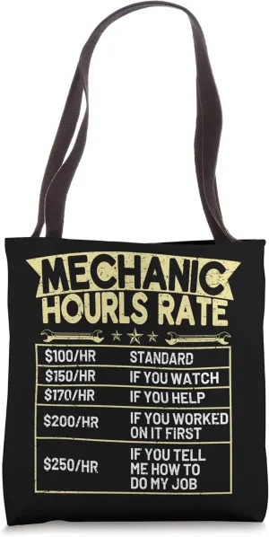 Mechanic Hourly Rate Racecar Turbo Wheel Auto Engine Garage Tote Bag