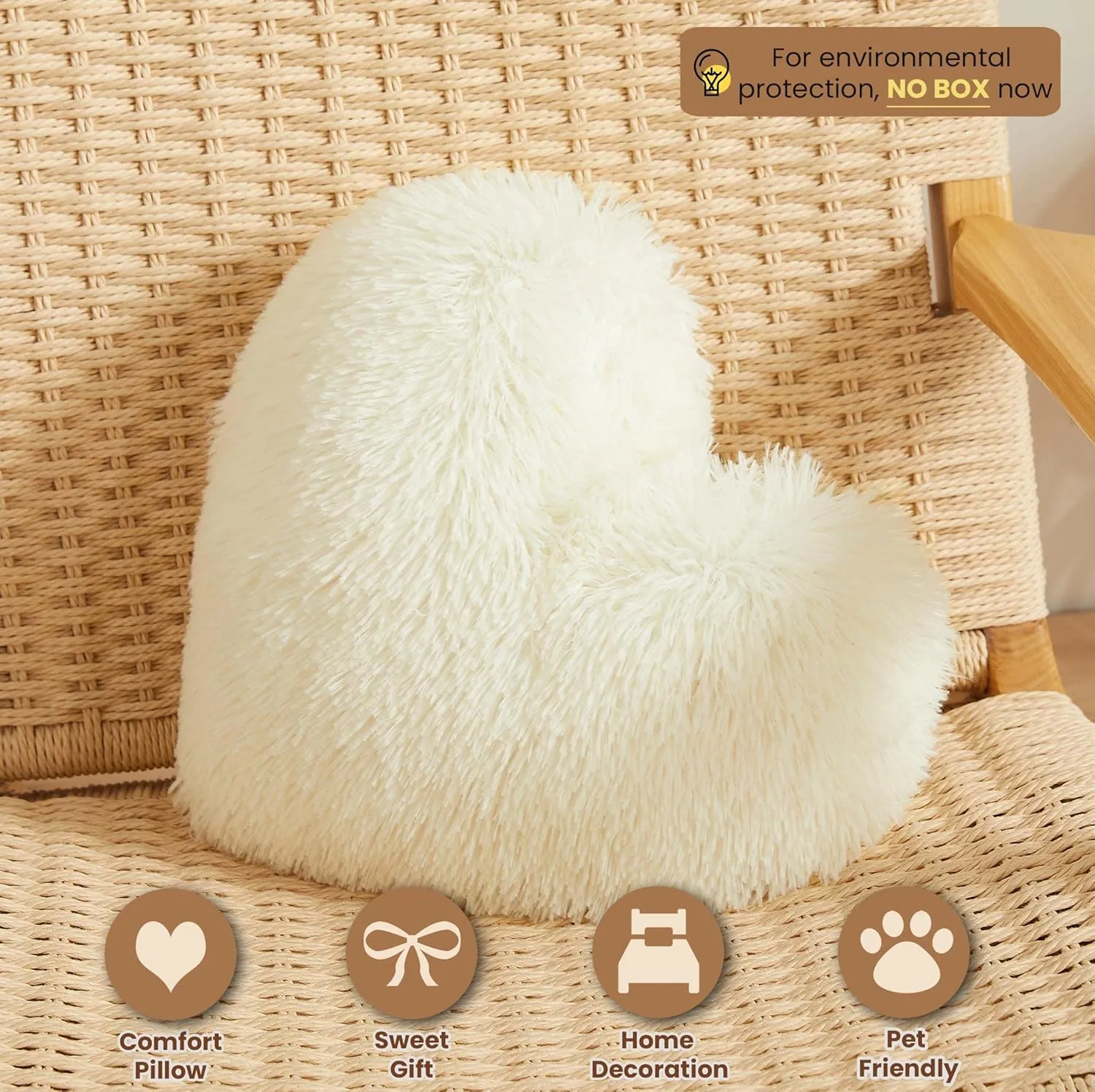 MEGO Fluffy Heart Pillow, Faux Fur Decorative Throw Pillow, Plush Shaggy Heart Shaped Pillow w Insert&Cover, Cute Furry Throw Pillows for Couch Bed Sofa Kid Girls Women Valentine's Day Gift Beige