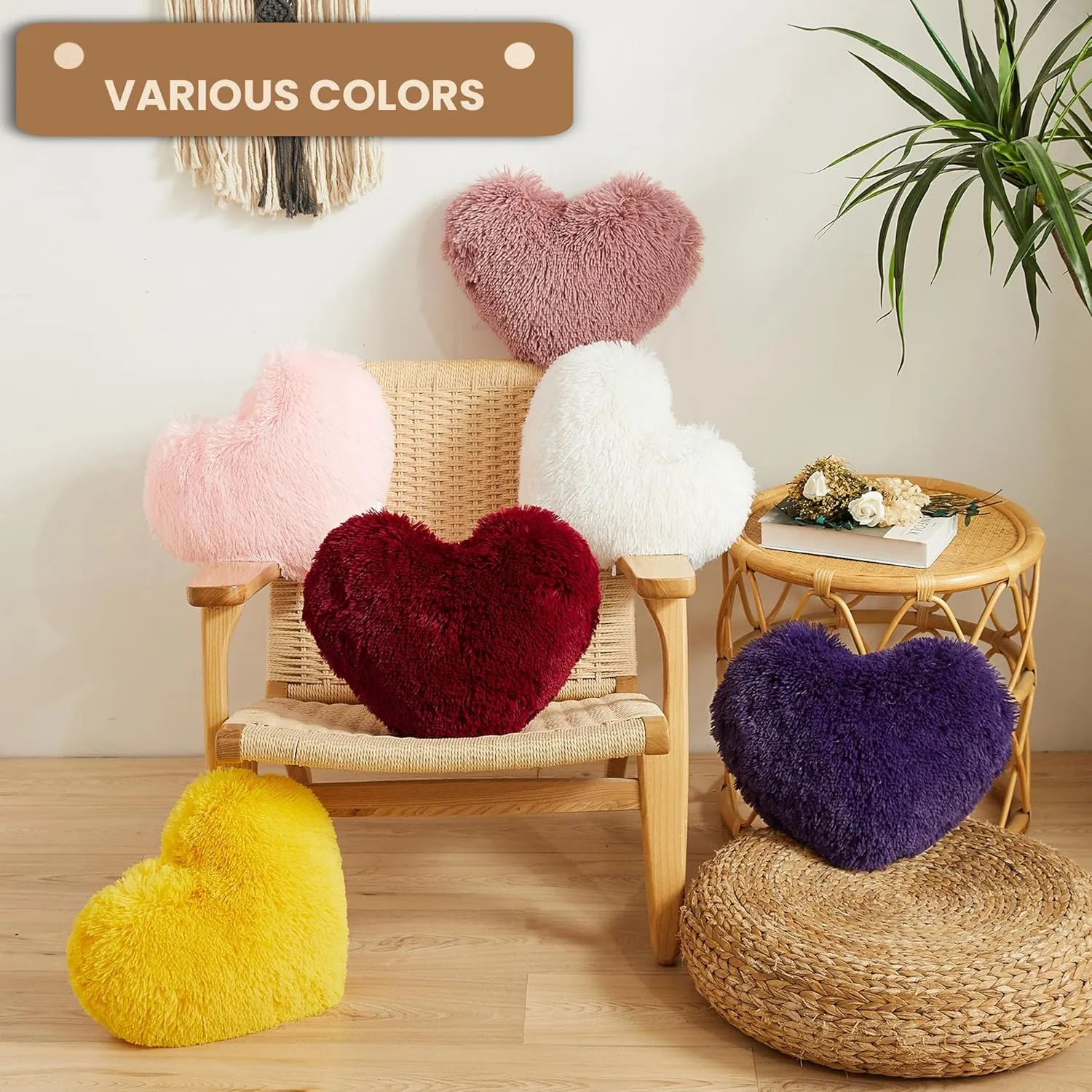 MEGO Fluffy Heart Pillow, Faux Fur Decorative Throw Pillow, Plush Shaggy Heart Shaped Pillow w Insert&Cover, Cute Furry Throw Pillows for Couch Bed Sofa Kid Girls Women Valentine's Day Gift Beige