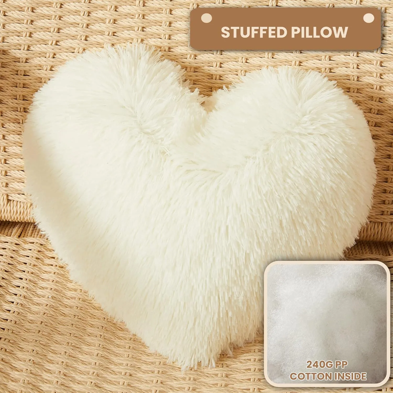 MEGO Fluffy Heart Pillow, Faux Fur Decorative Throw Pillow, Plush Shaggy Heart Shaped Pillow w Insert&Cover, Cute Furry Throw Pillows for Couch Bed Sofa Kid Girls Women Valentine's Day Gift Beige