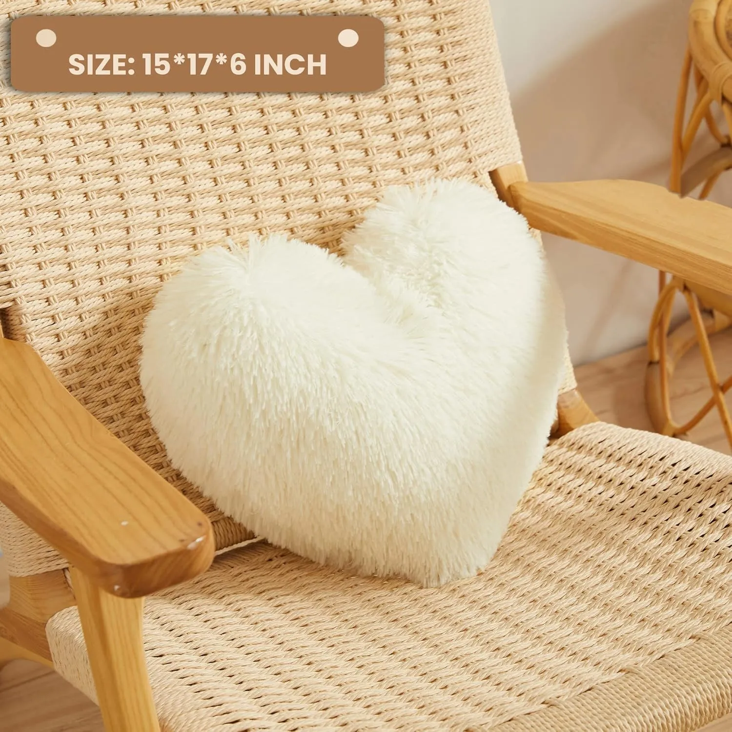 MEGO Fluffy Heart Pillow, Faux Fur Decorative Throw Pillow, Plush Shaggy Heart Shaped Pillow w Insert&Cover, Cute Furry Throw Pillows for Couch Bed Sofa Kid Girls Women Valentine's Day Gift Beige