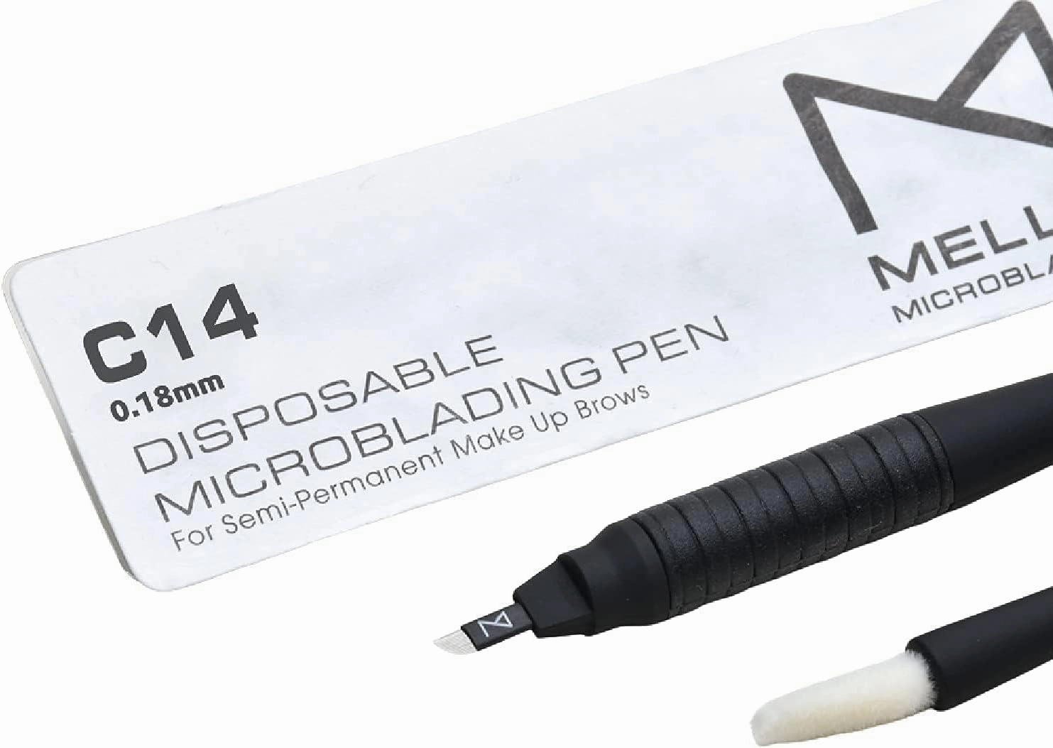 Mellie's Signature Microblading Eyebrow Pen (Pack of 10) - Disposable - Sterilized Blade, Comfortable Rubber Grip and Pigment Sponge For Brows (Black, C14 .18mm)