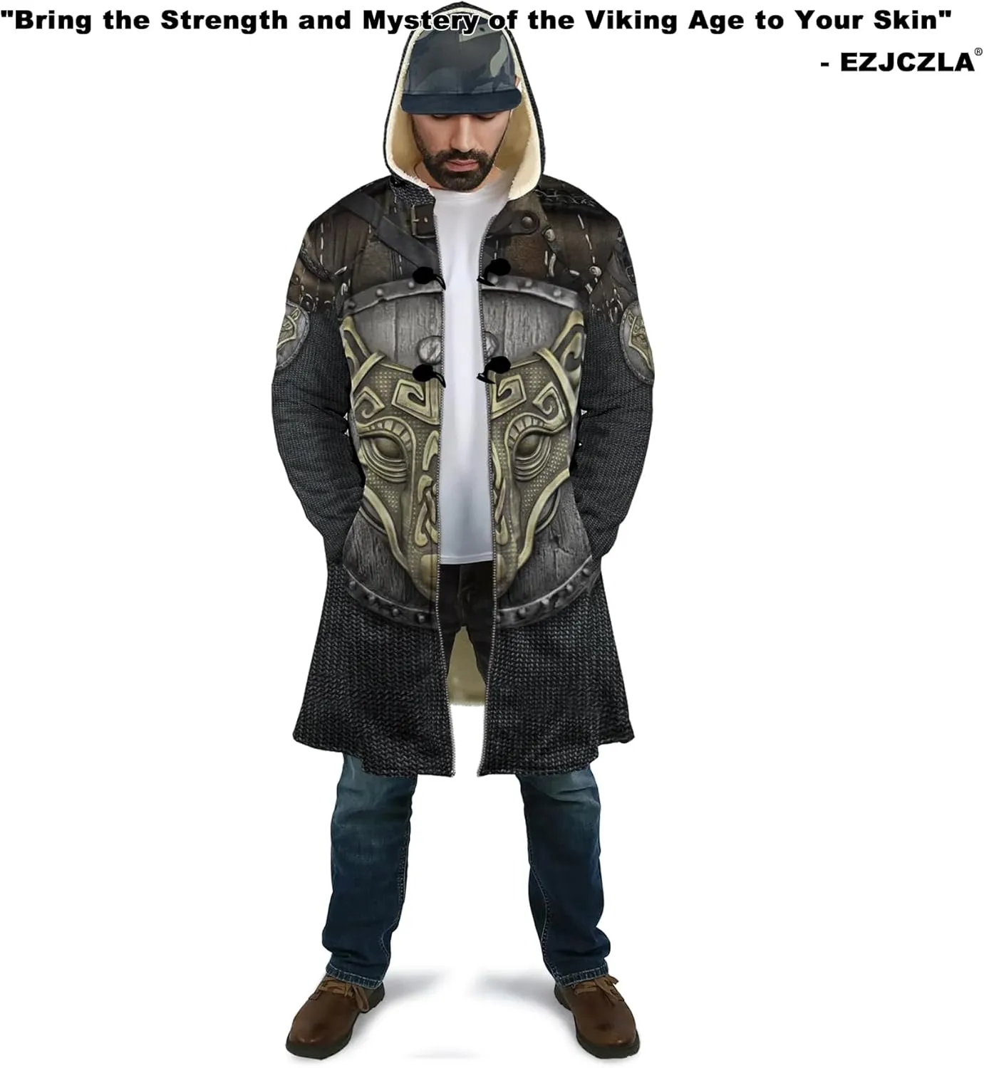 Men's Winter Warm Fleece Parka Jacket 3D Full Print Viking Medieval-Inspired Hooded Cloak Two Pocket Outdoor Couple Cape