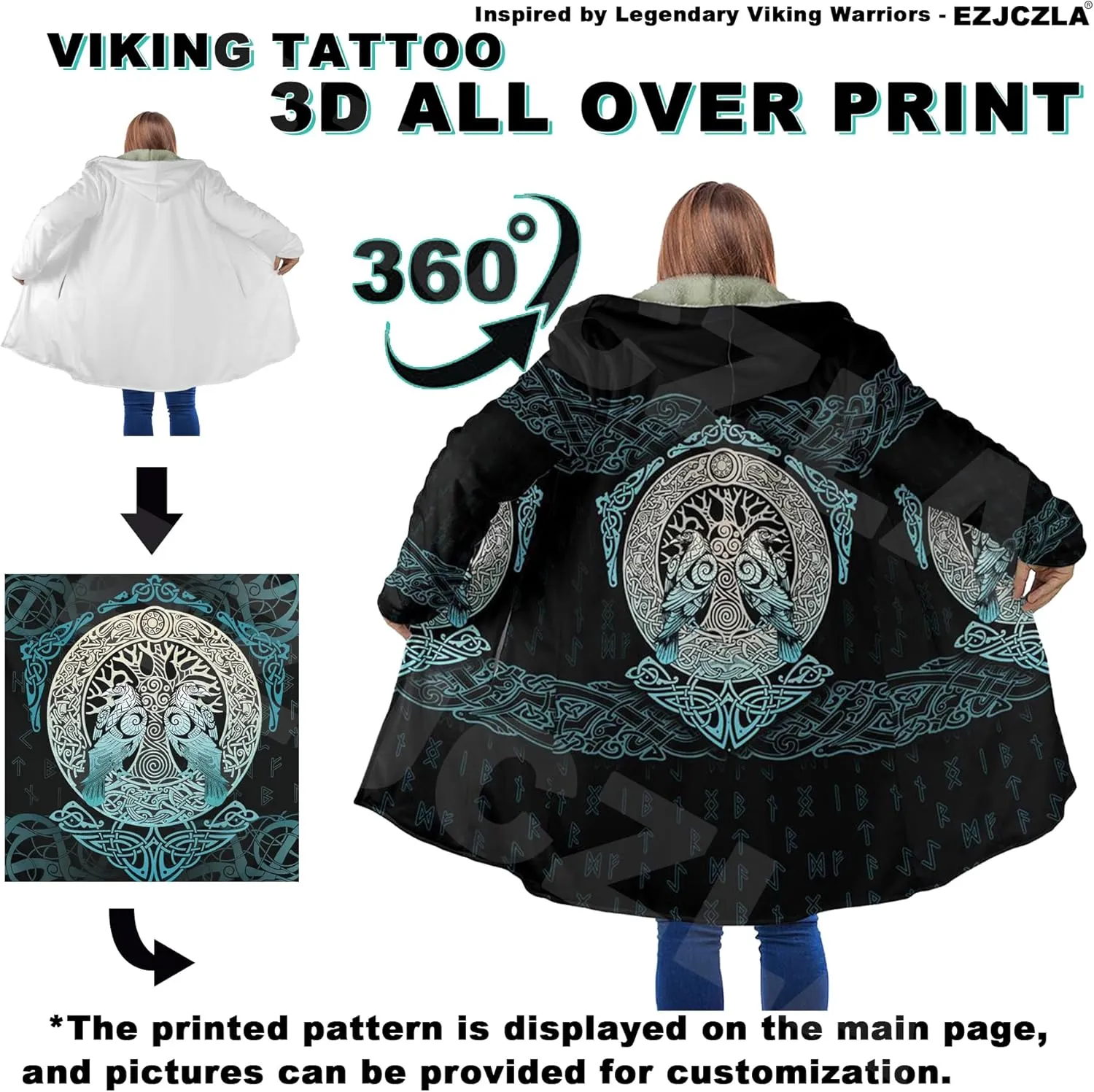 Men's Winter Warm Fleece Parka Jacket 3D Full Print Viking Medieval-Inspired Hooded Cloak Two Pocket Outdoor Couple Cape