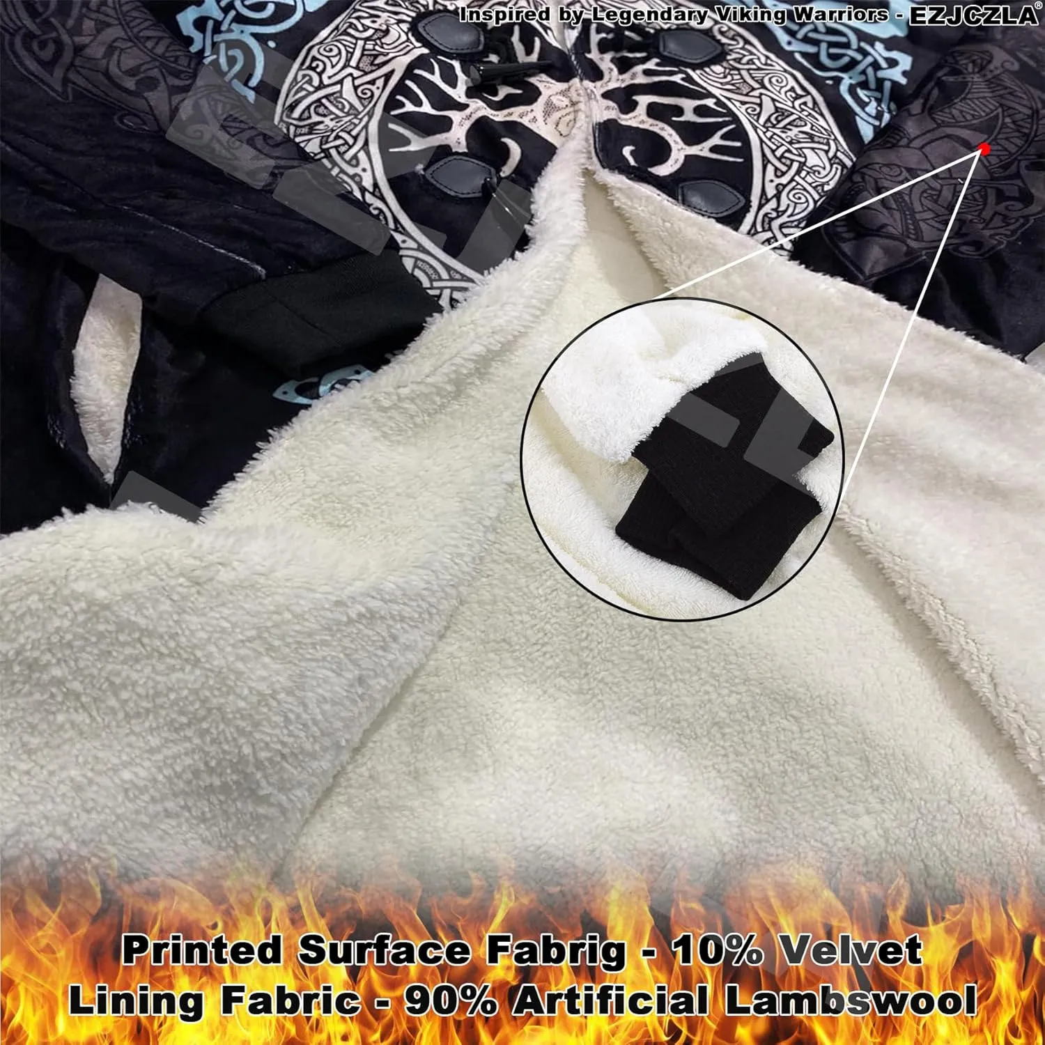 Men's Winter Warm Fleece Parka Jacket 3D Full Print Viking Medieval-Inspired Hooded Cloak Two Pocket Outdoor Couple Cape