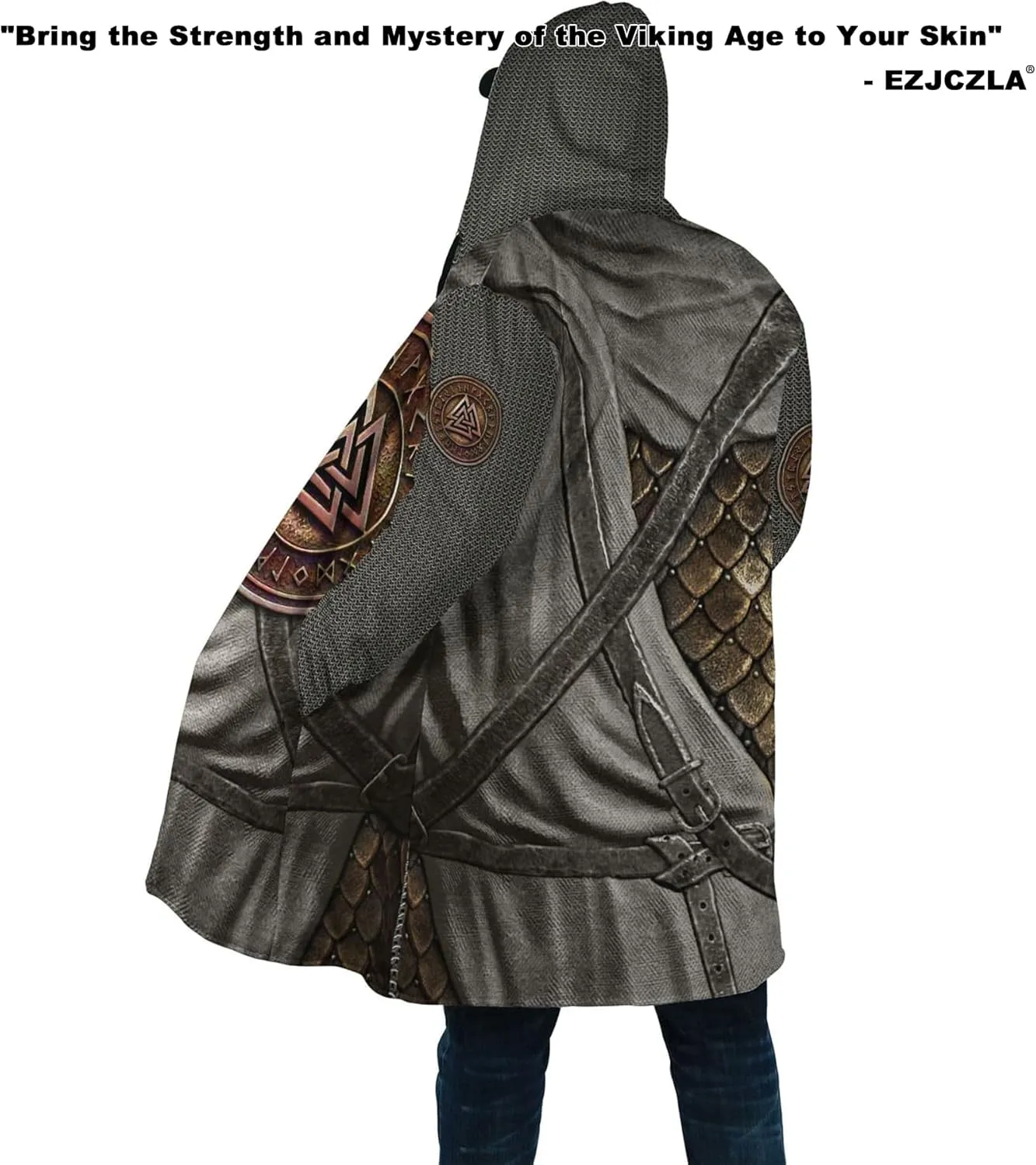 Men's Winter Warm Fleece Parka Jacket 3D Full Print Viking Medieval-Inspired Hooded Cloak Two Pocket Outdoor Couple Cape