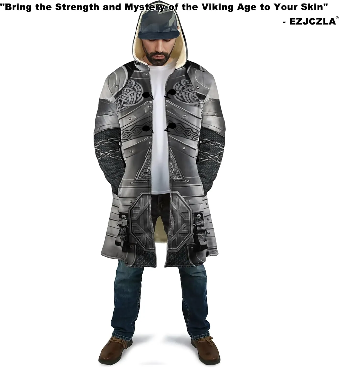 Men's Winter Warm Fleece Parka Jacket 3D Full Print Viking Medieval-Inspired Hooded Cloak Two Pocket Outdoor Couple Cape