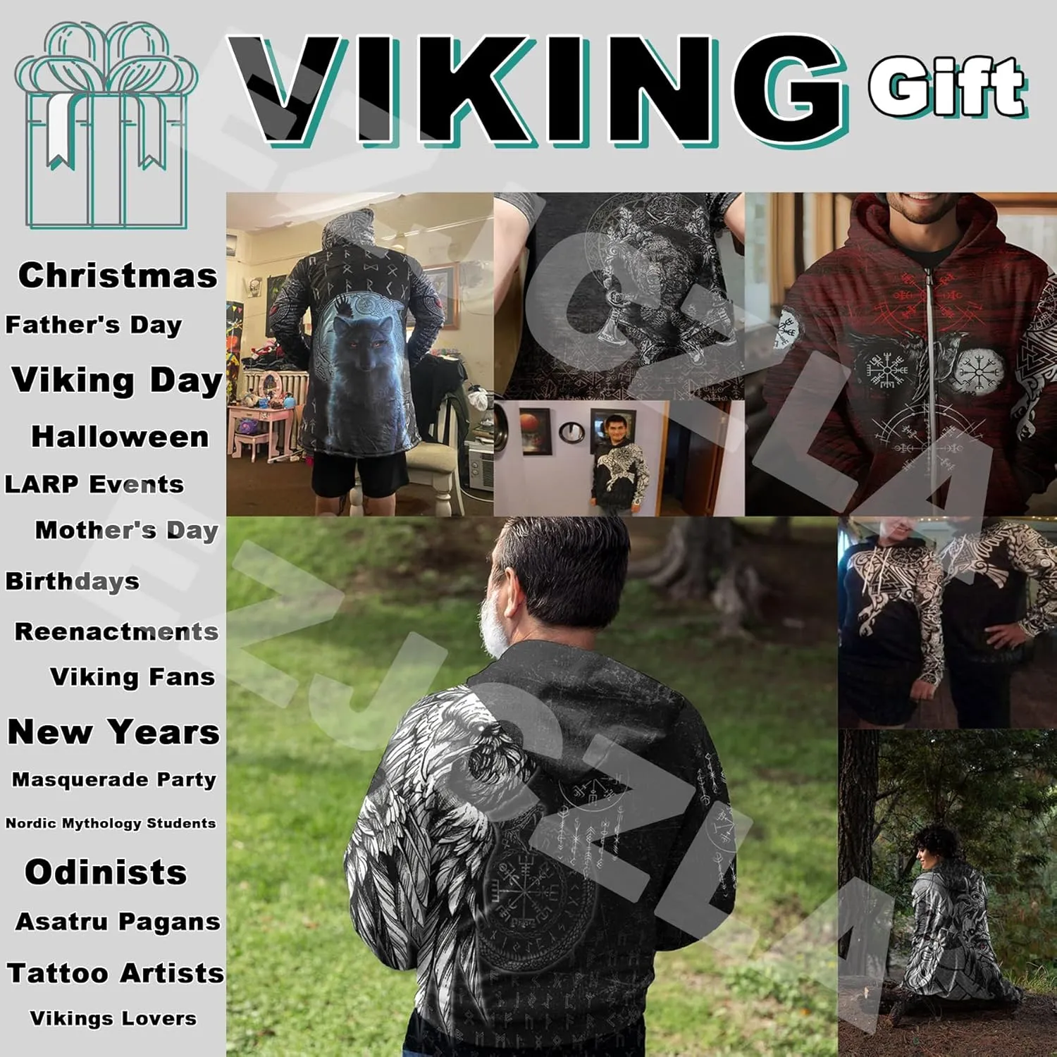 Men's Winter Warm Fleece Parka Jacket 3D Full Print Viking Medieval-Inspired Hooded Cloak Two Pocket Outdoor Couple Cape