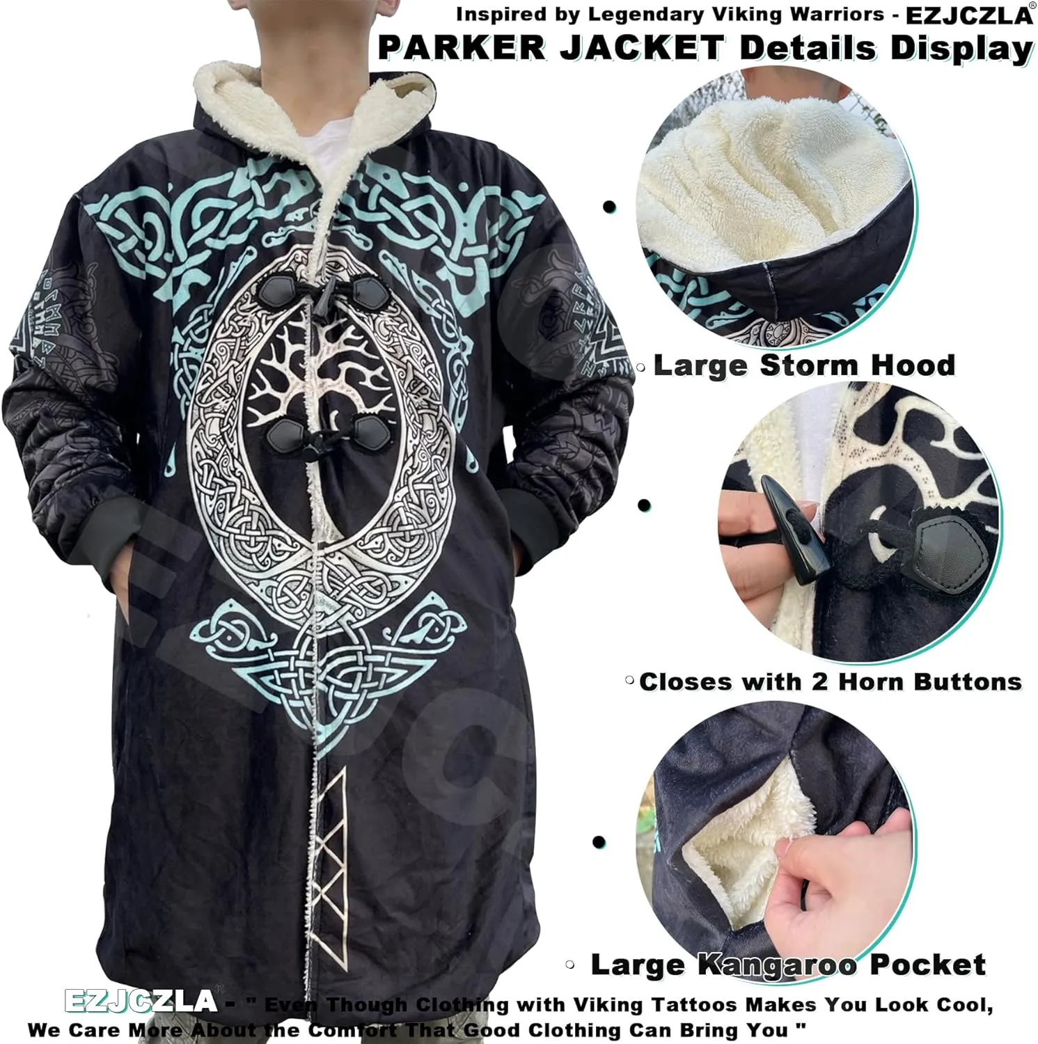 Men's Winter Warm Fleece Parka Jacket 3D Full Print Viking Medieval-Inspired Hooded Cloak Two Pocket Outdoor Couple Cape